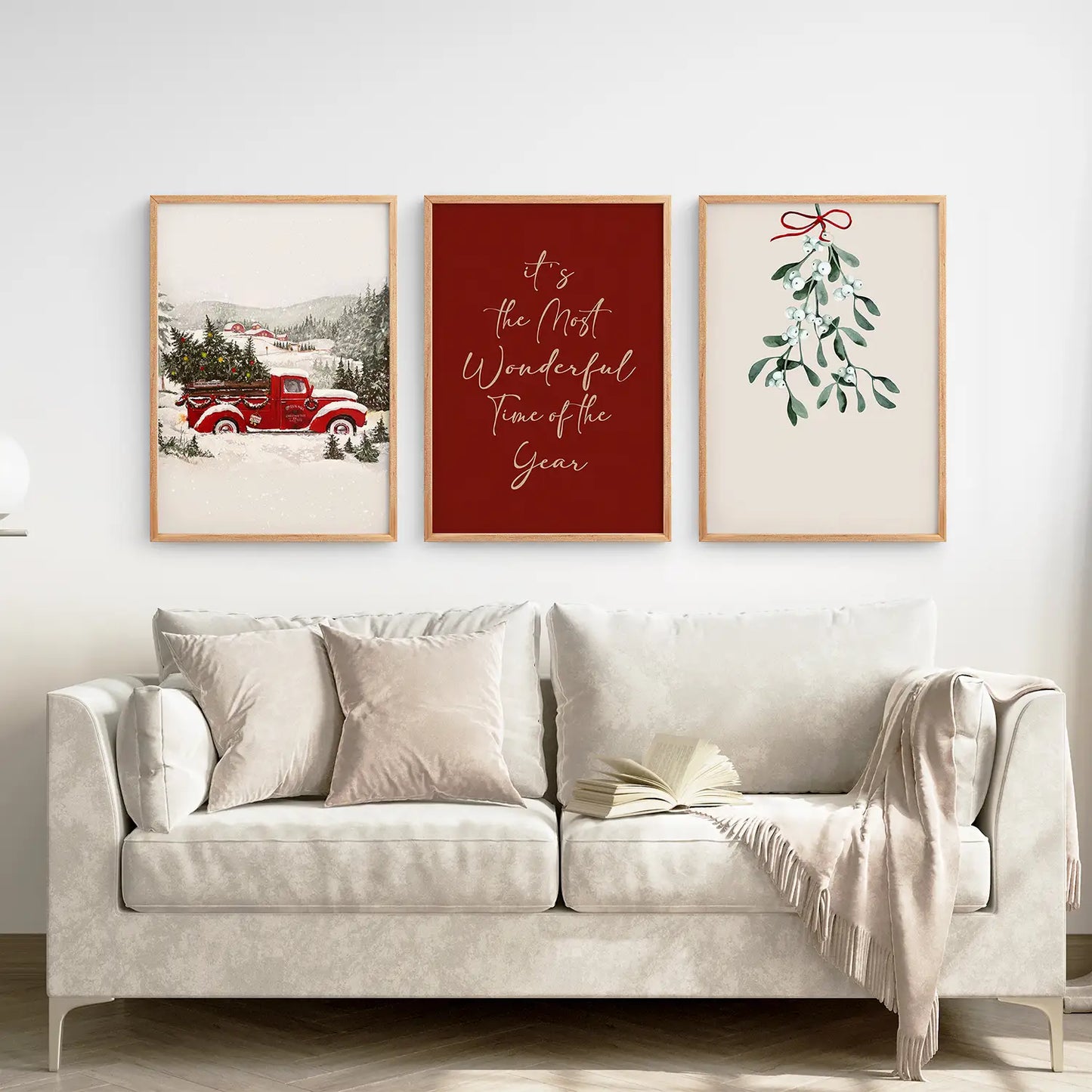 Vintage Landscape Xmas Art Poster. Thin Wood Frames for Living Room.