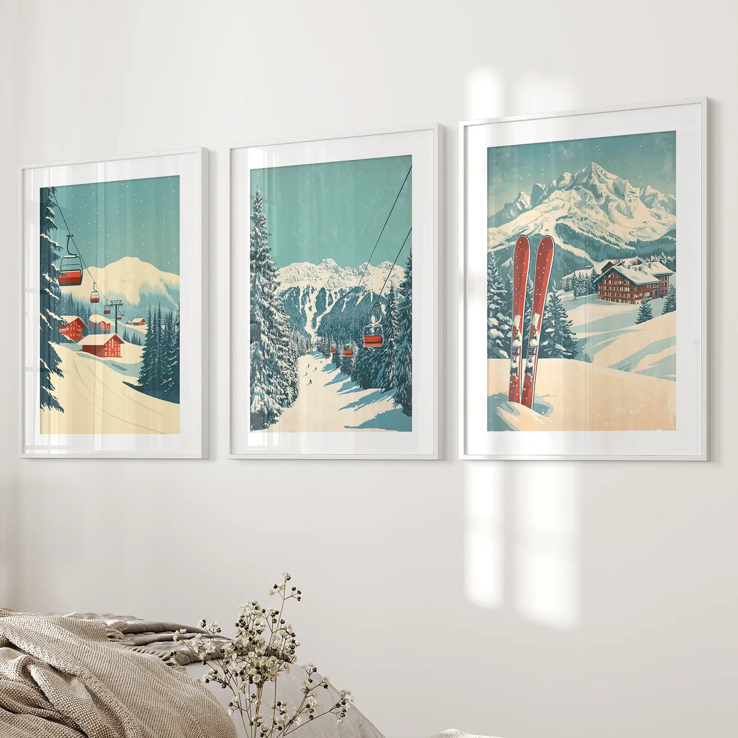 Snowy Landscape Christmas Holiday Cottage Decoration Set. White Frames with Mat for Bedroom.