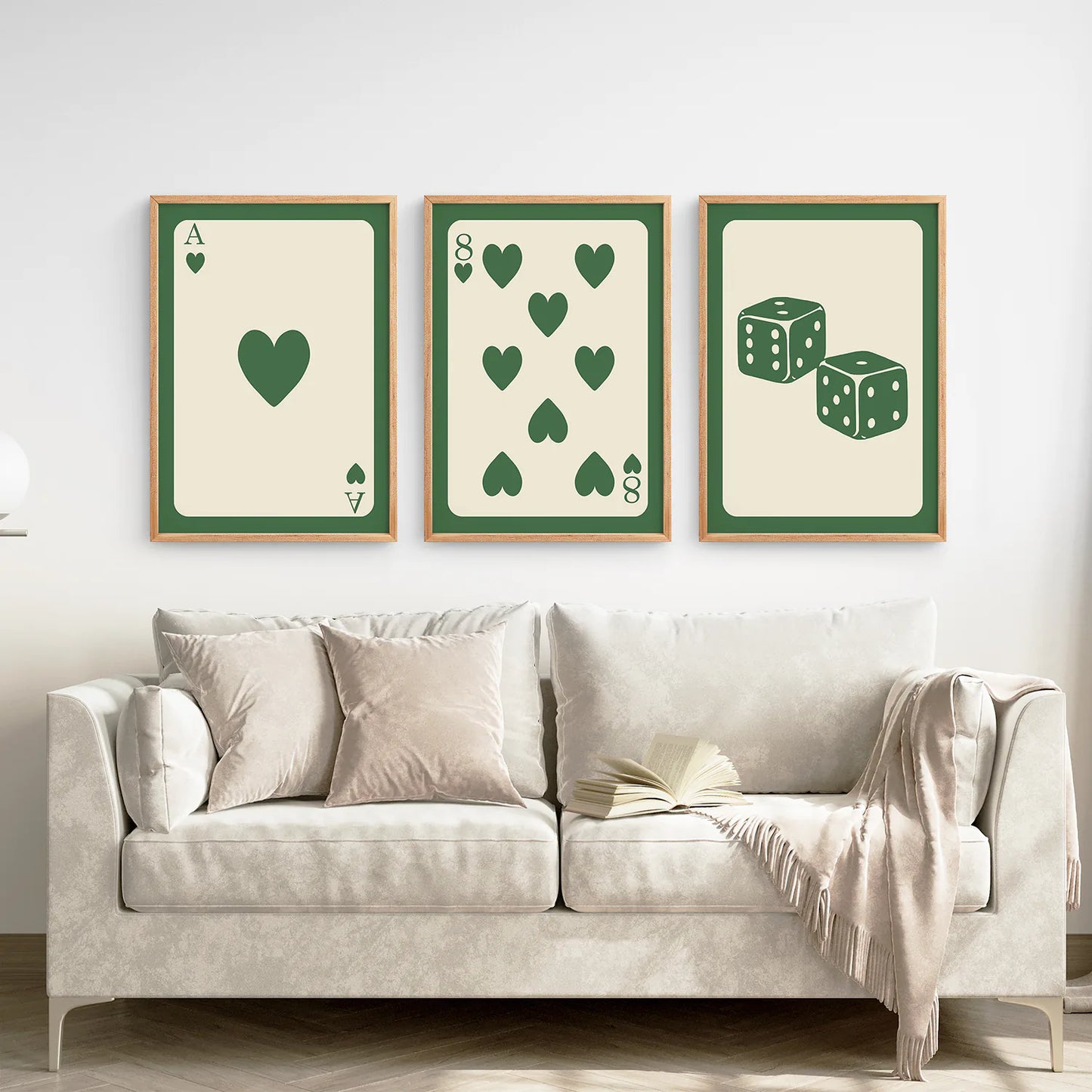 8 Of Hearts,Green Ace, Roll the Dice Wall Prints. Thin Wood Frames Above the Coach.