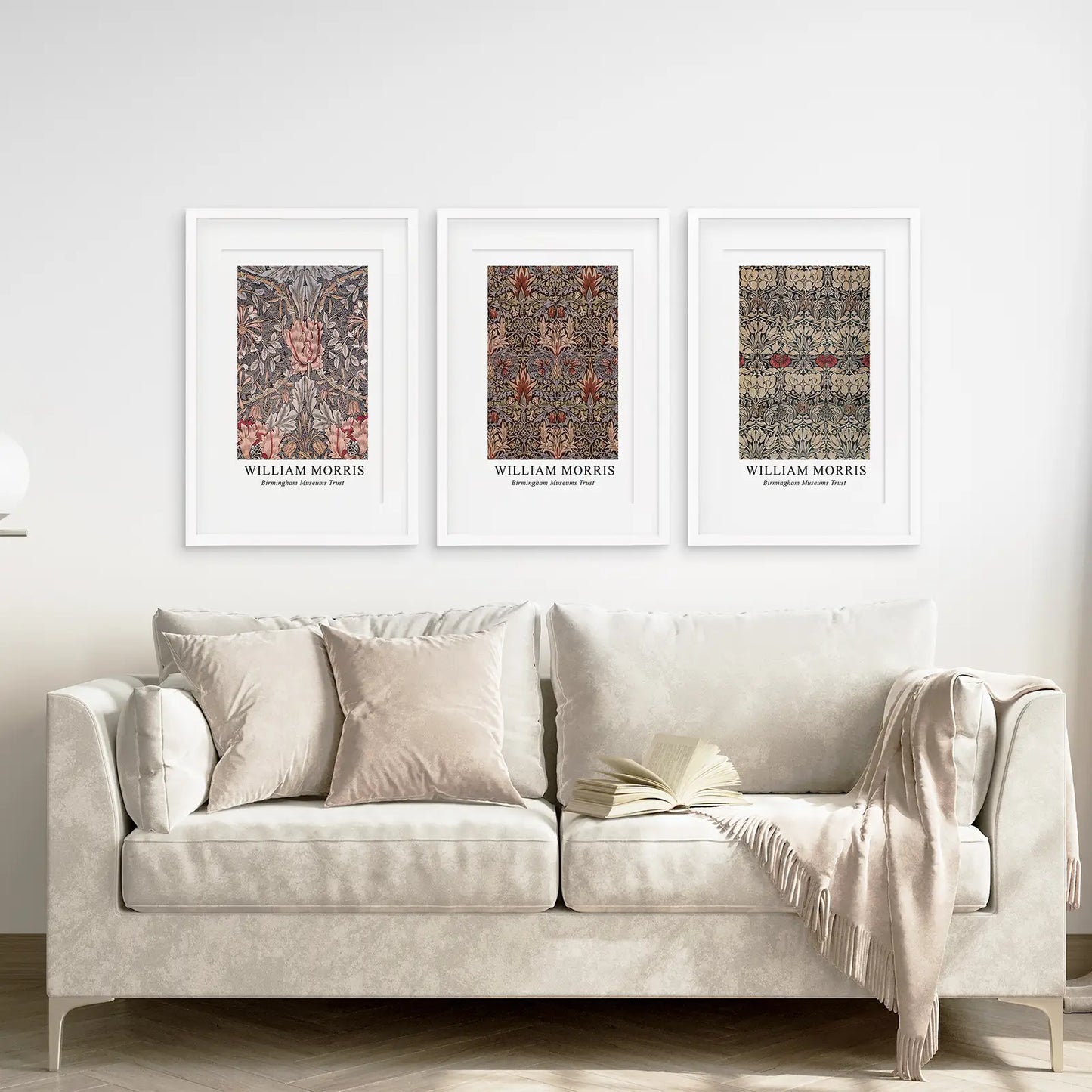 Vintage Gallery Wall Art Large Prints Set. White Frames with Mat Above the Sofa.