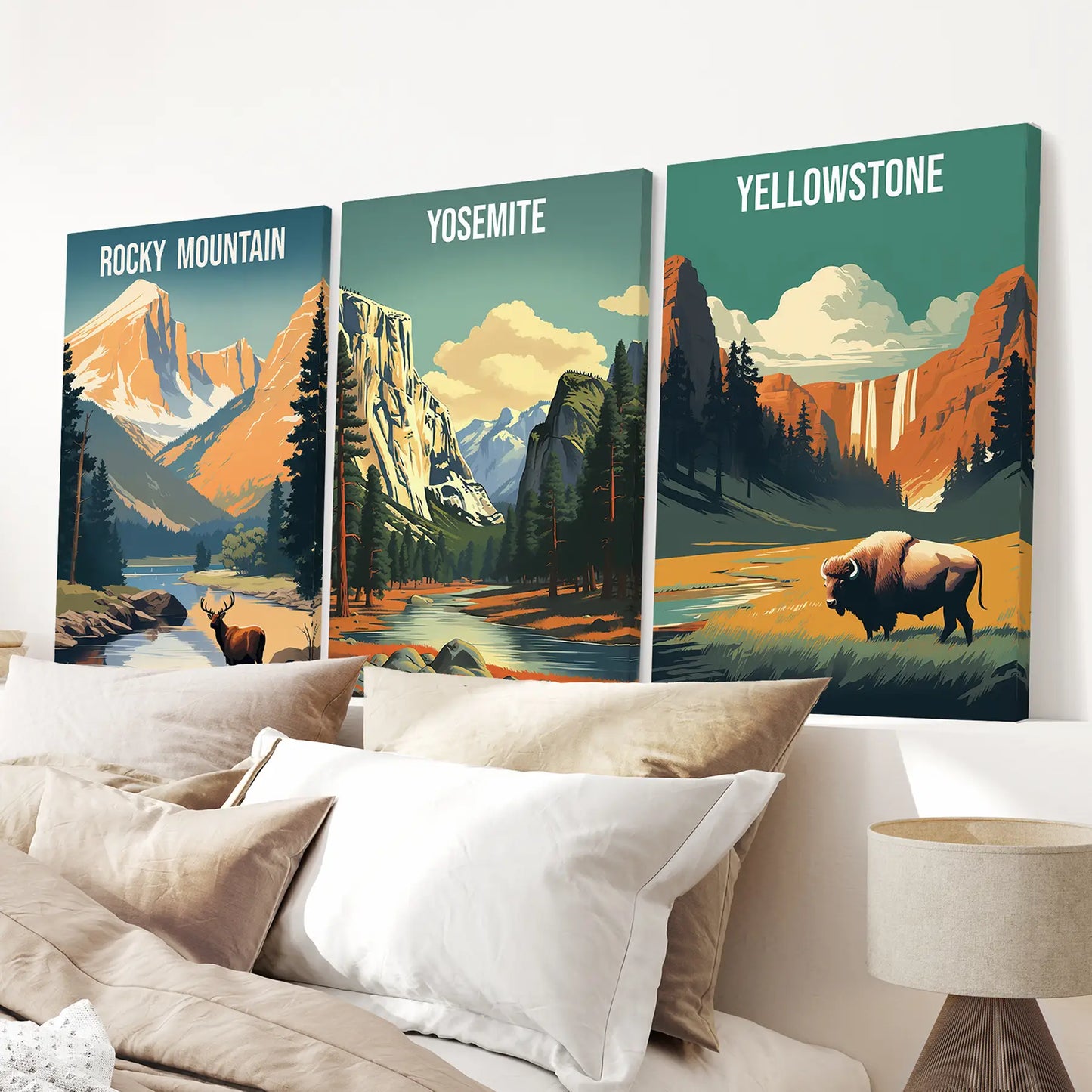 Forest illustration landscape poster. Minimalist vintage style print. Wrapped Canvas for bedroom.