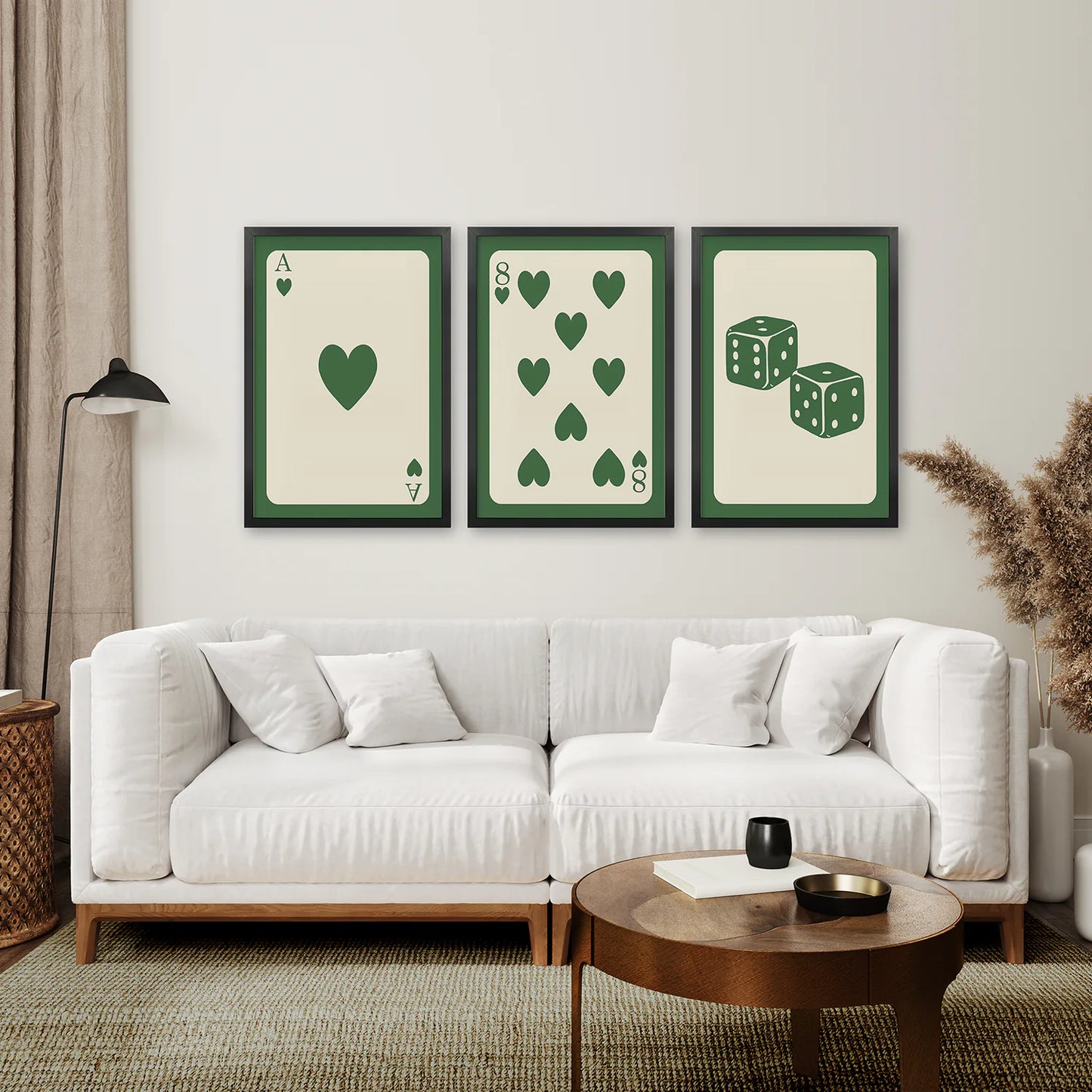 Vintage Beige Playing Cards Set of 3. Black Frames for Living Room.