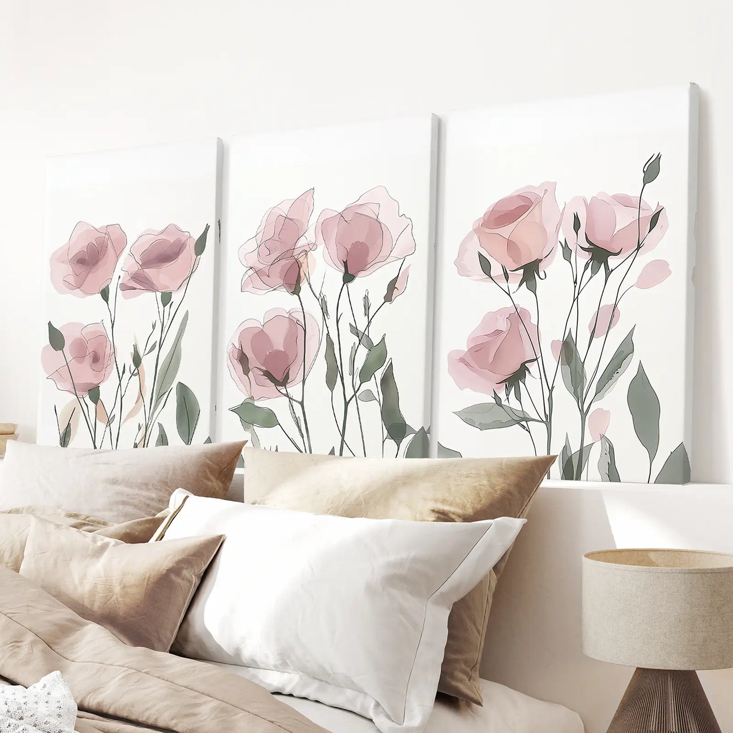 Neutral Modern Flowers Art Decor Poster. Wrapped Canvas Over the Bed.