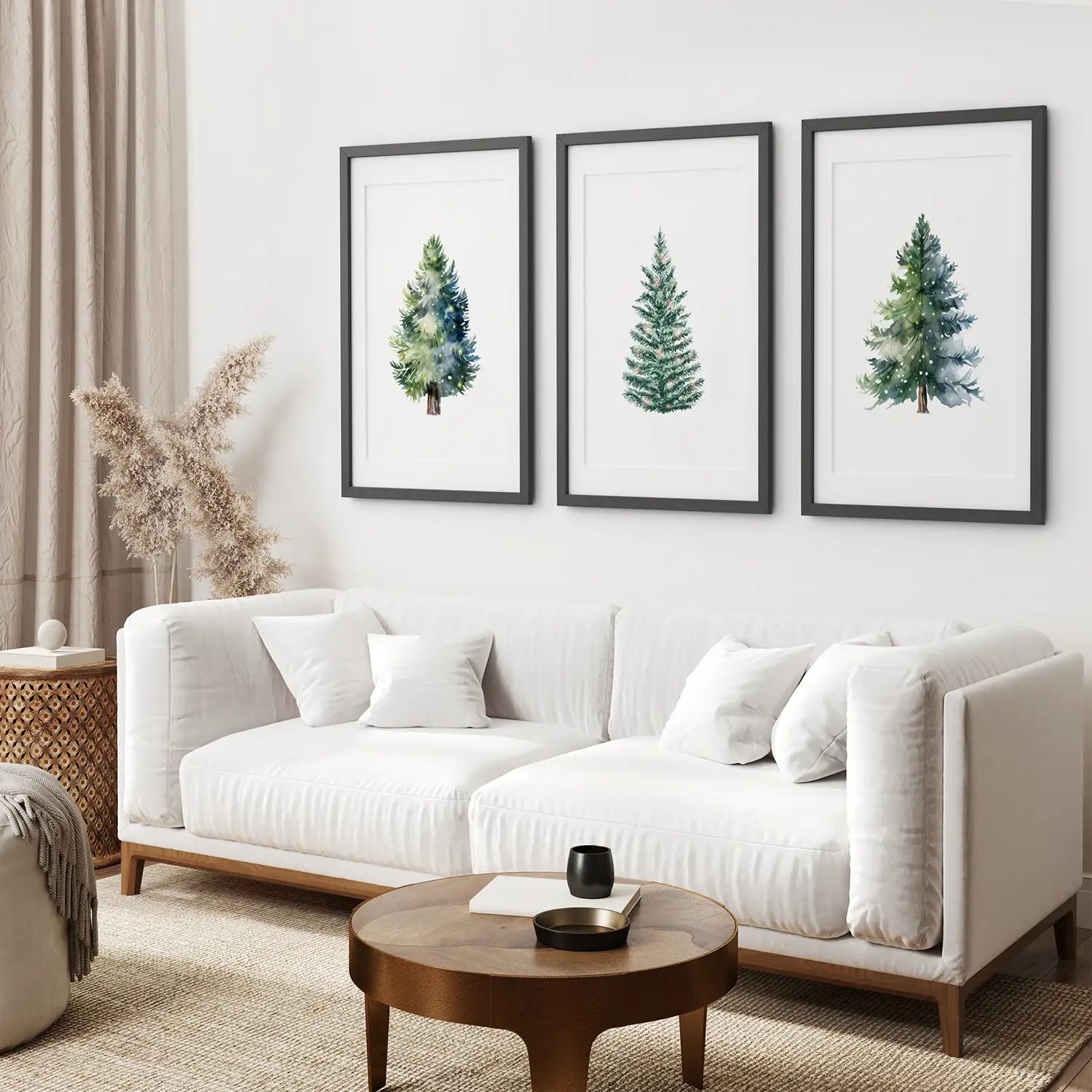 Winter Holiday Printable Art Decor 3 Piece. Black Frames with Mat Over the Coach.