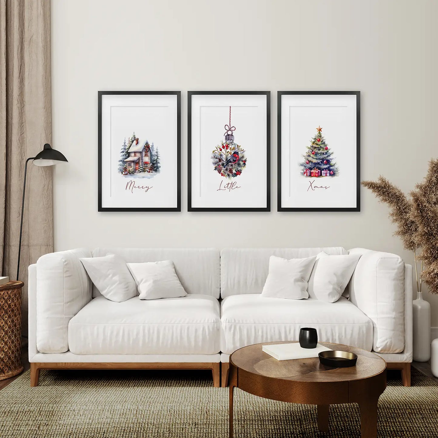 Watercolor Christmas Tree with Presents Poster Set. Black Frames with Mat Over the Coach.