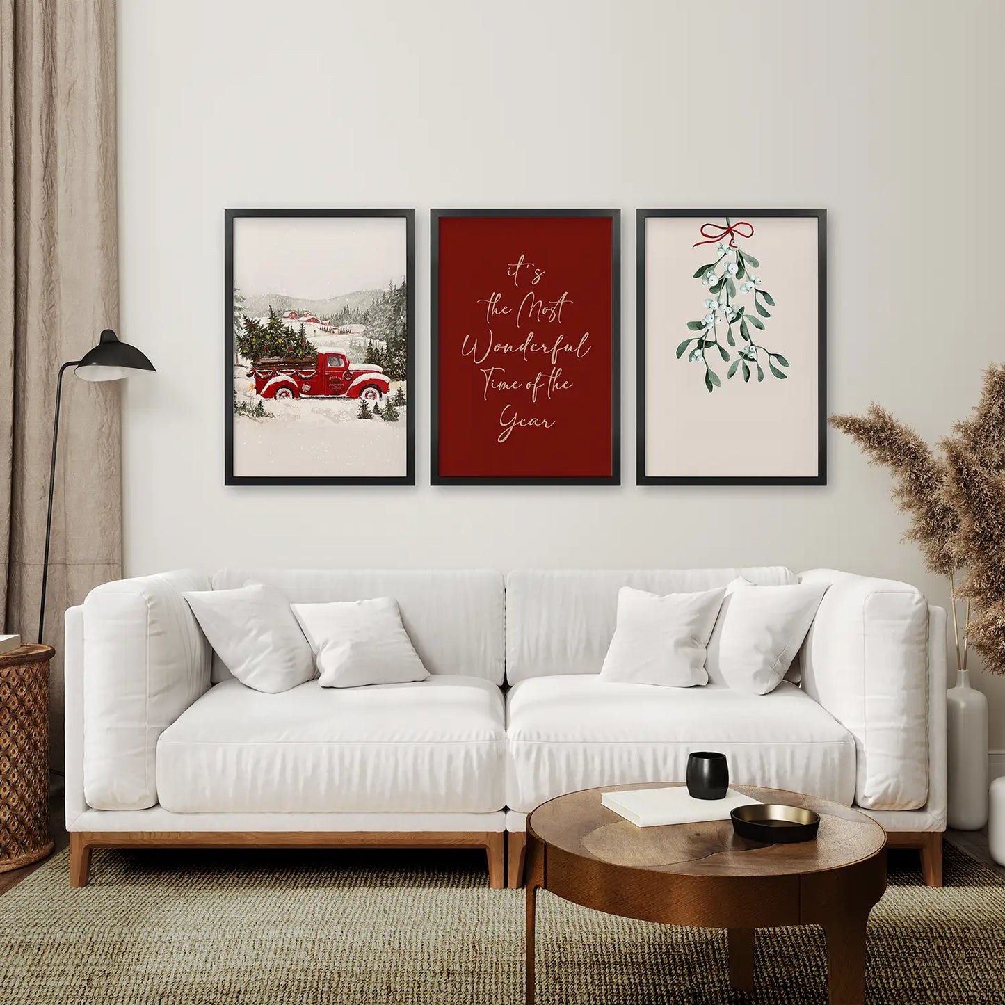 Winter Snowy Wall Art Home Decor. Black Frames Above the Sofa.