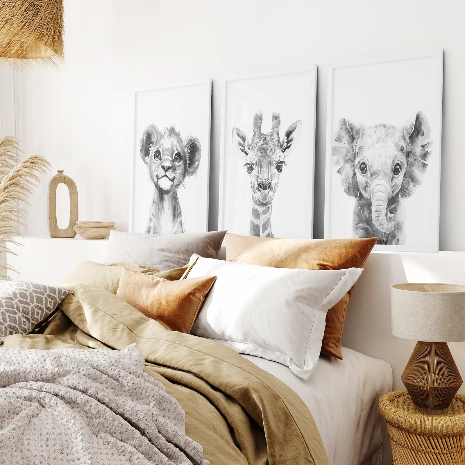 whimsical baby animal wall prints adding warmth to children’s space. White frames for bedroom.