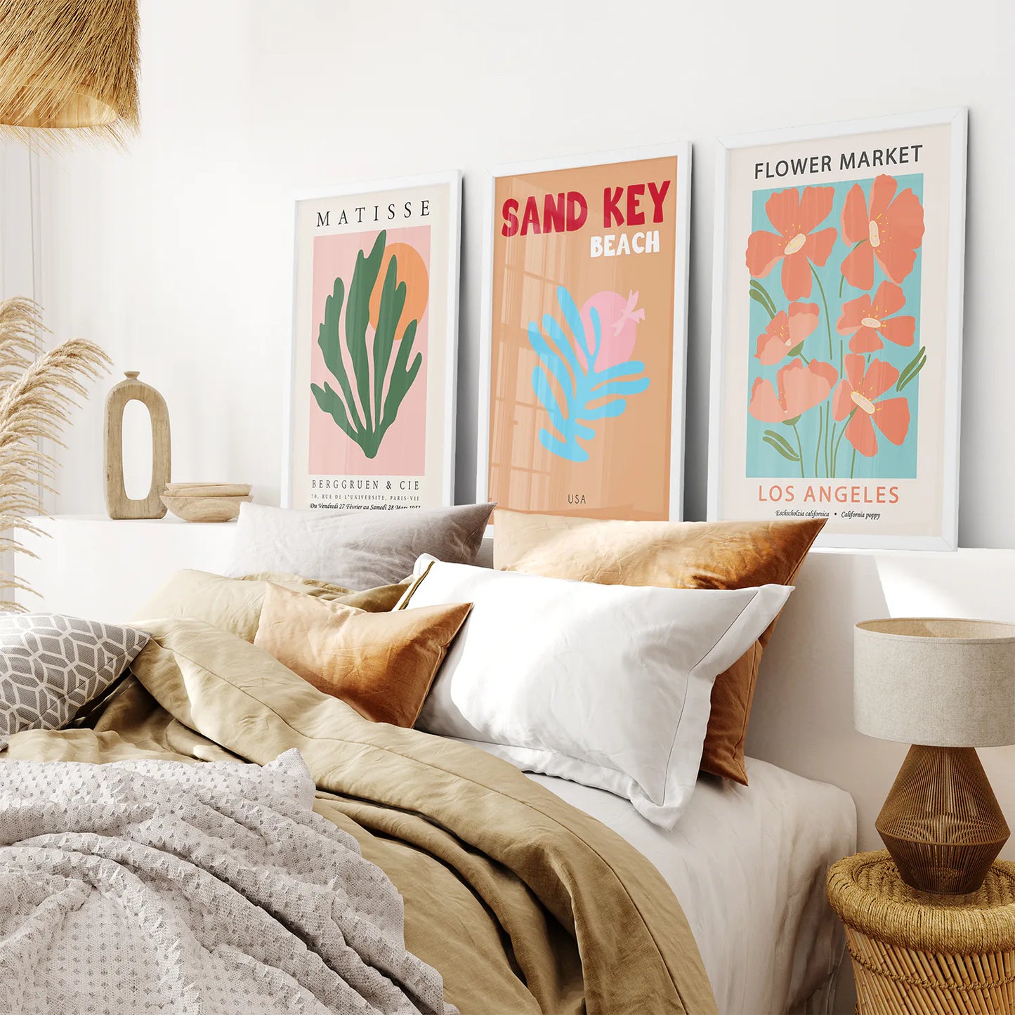 Printable Trendy Flower Market Set of 3 Piece. White Frames for Bedroom.
