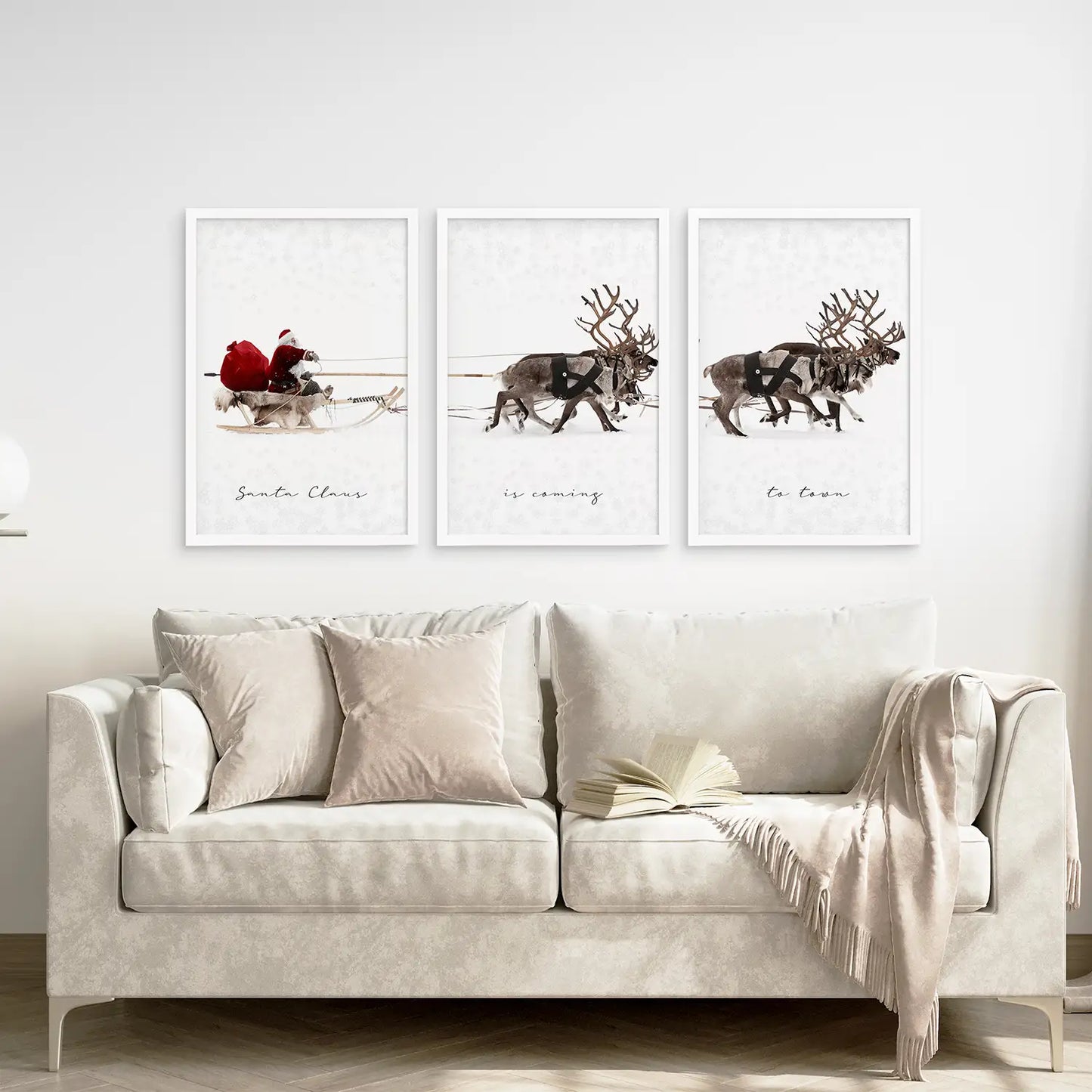 Trendy Wall Art Decor Set of 3 Prints. White Frames Above the Sofa.