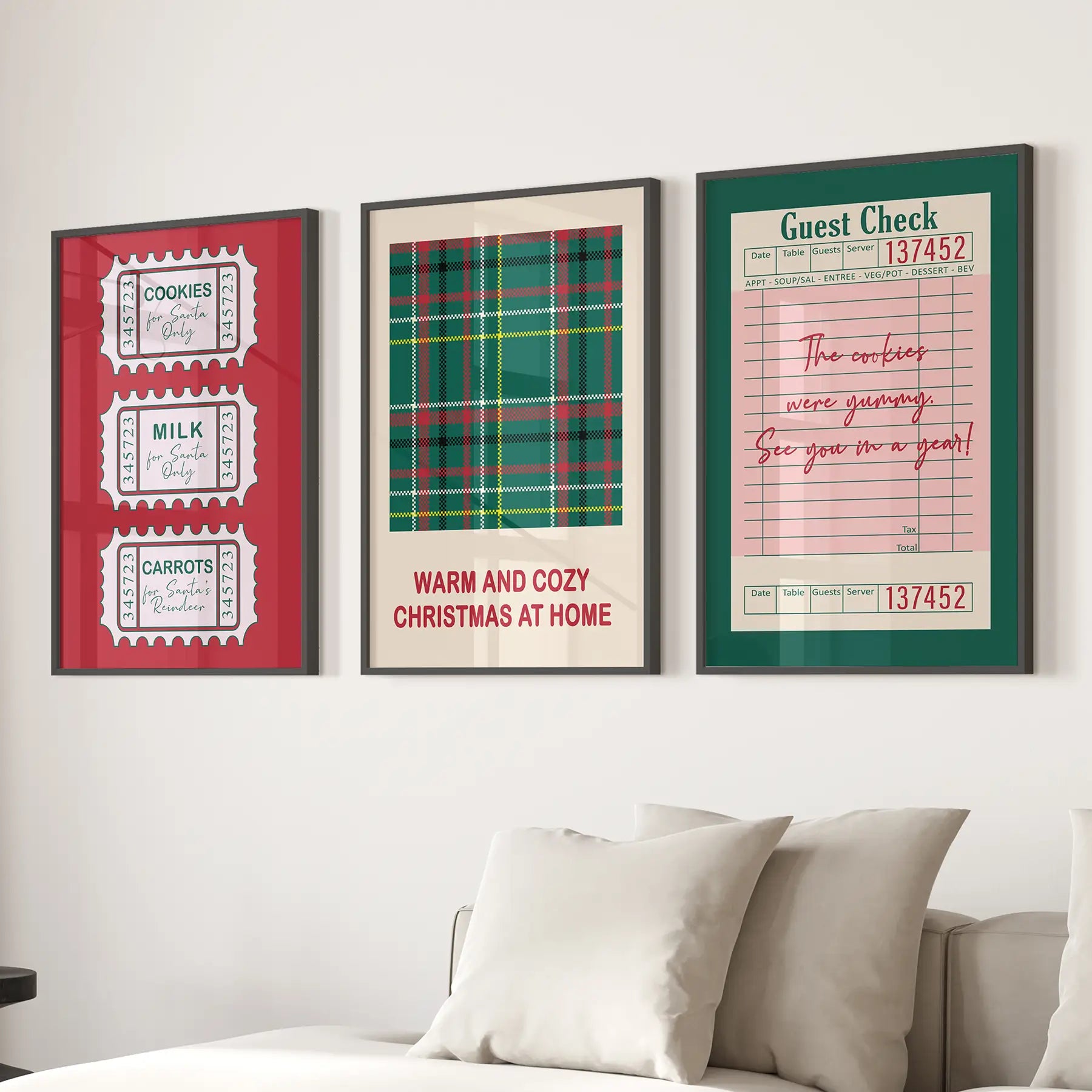 Retro Christmas Wall Art Print Posters Decor. Black Frames for Living Room.
