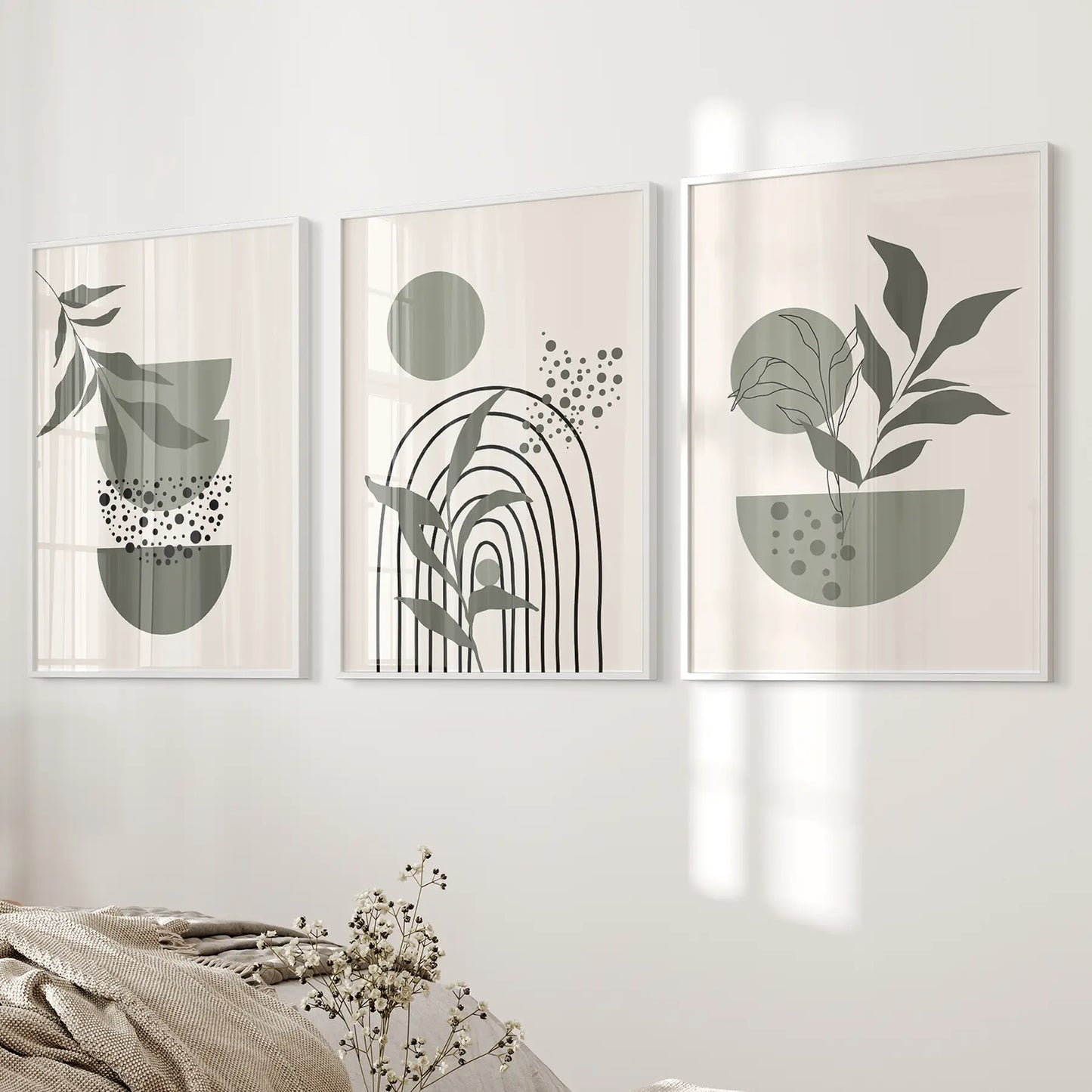 Abstract Mid Century Print Modern Boho Wall Art. White Frames for Bedroom.