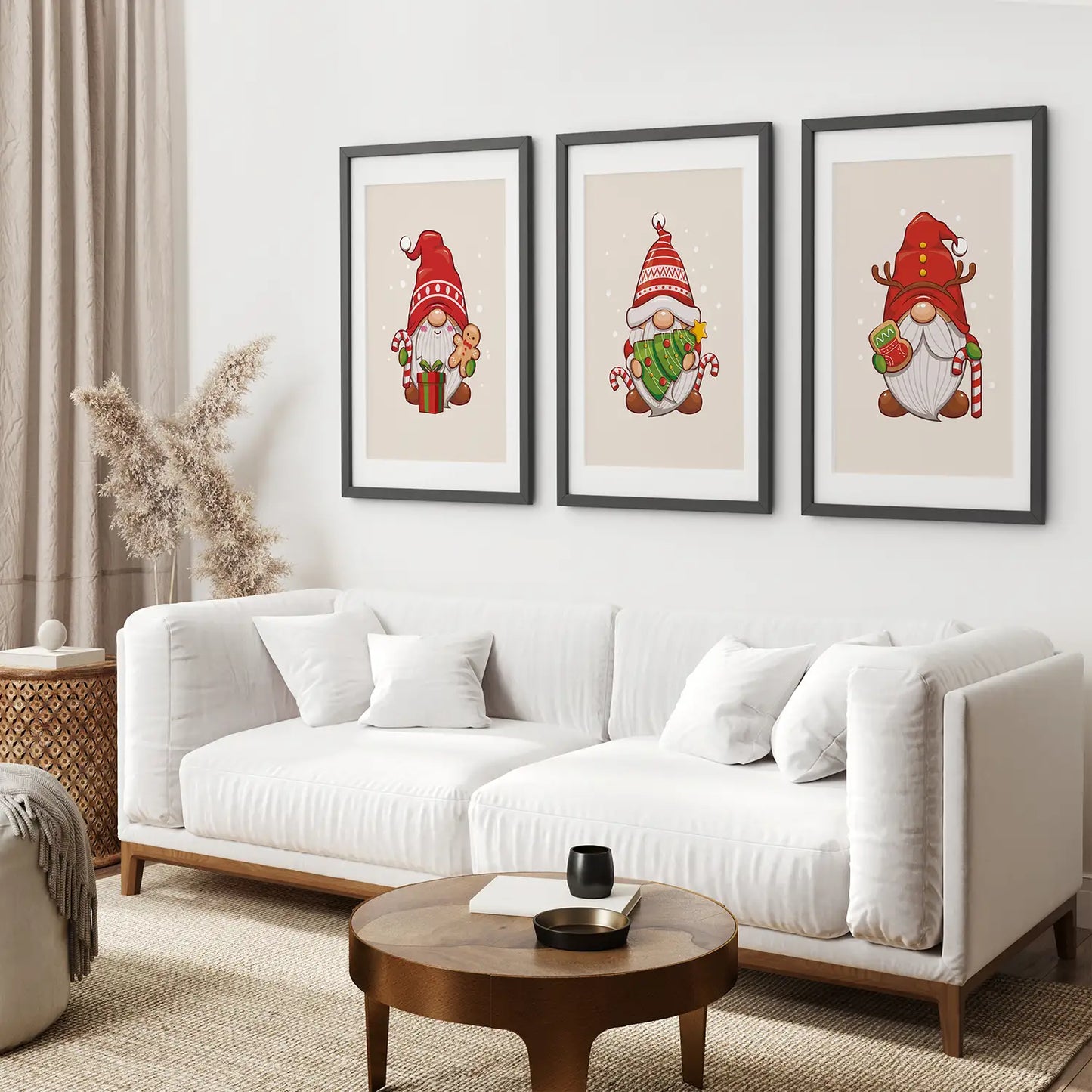 Christmas Themed Prints Kids Room Wall Art. Black Frames with Mat Over the Coach.