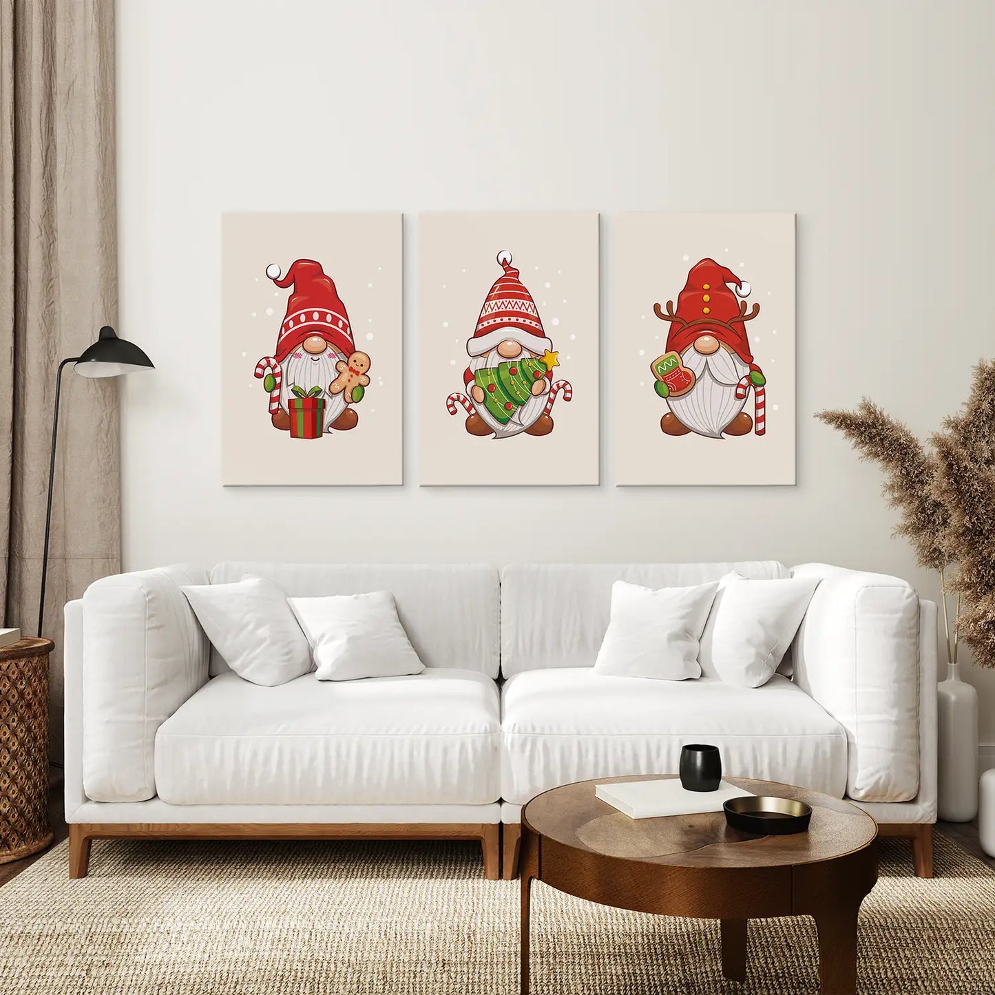 Holiday Canvas Xmas Gnomes Art Set Decor Poster. Stretched Canvas Above the Sofa.