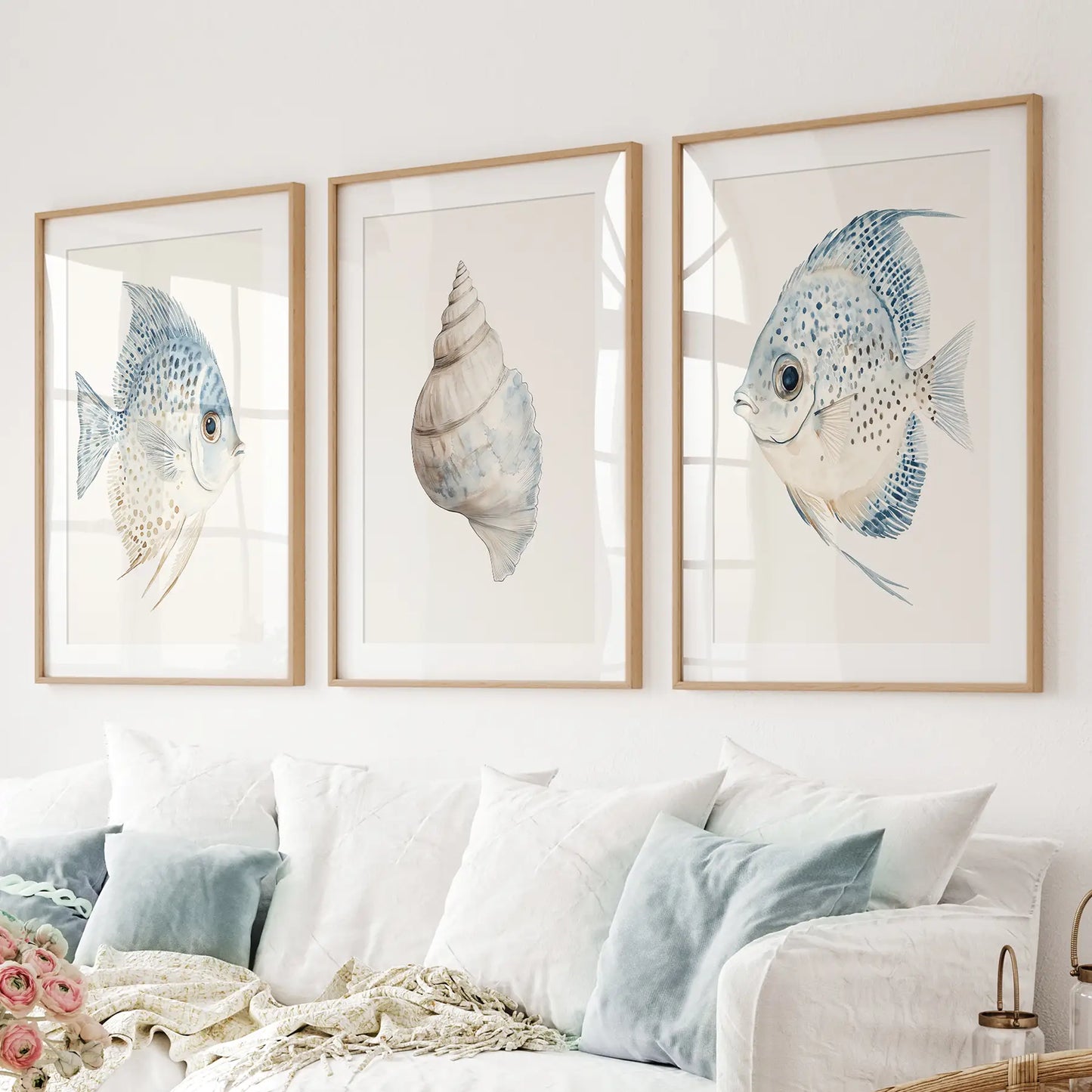 Summer minimalist coastal decor prints. Large wall art. Thinwood frames with mat for living room.