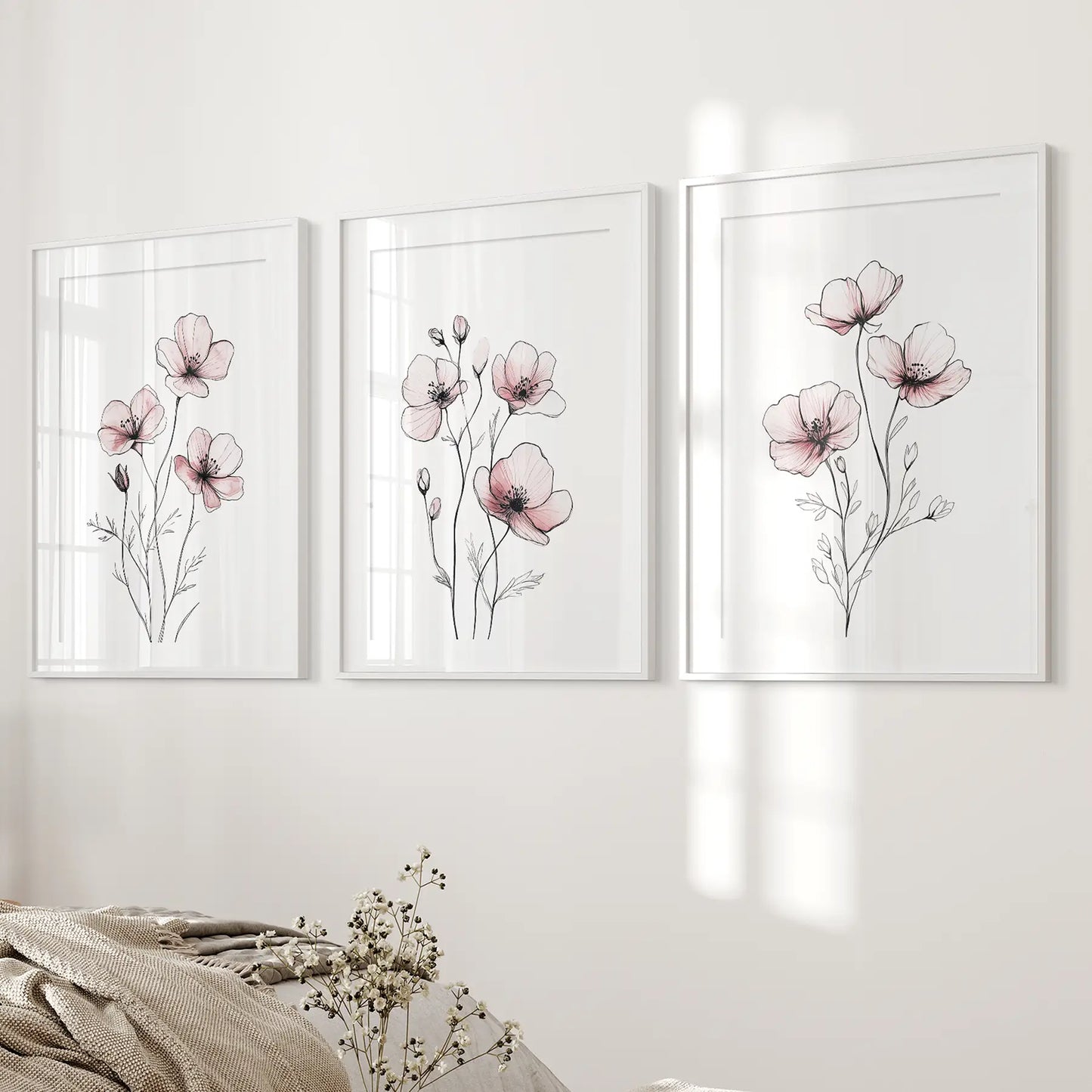 Neutral Modern Minimalist Decor Botanical Posters. White Frames with Mat Over the Bed.