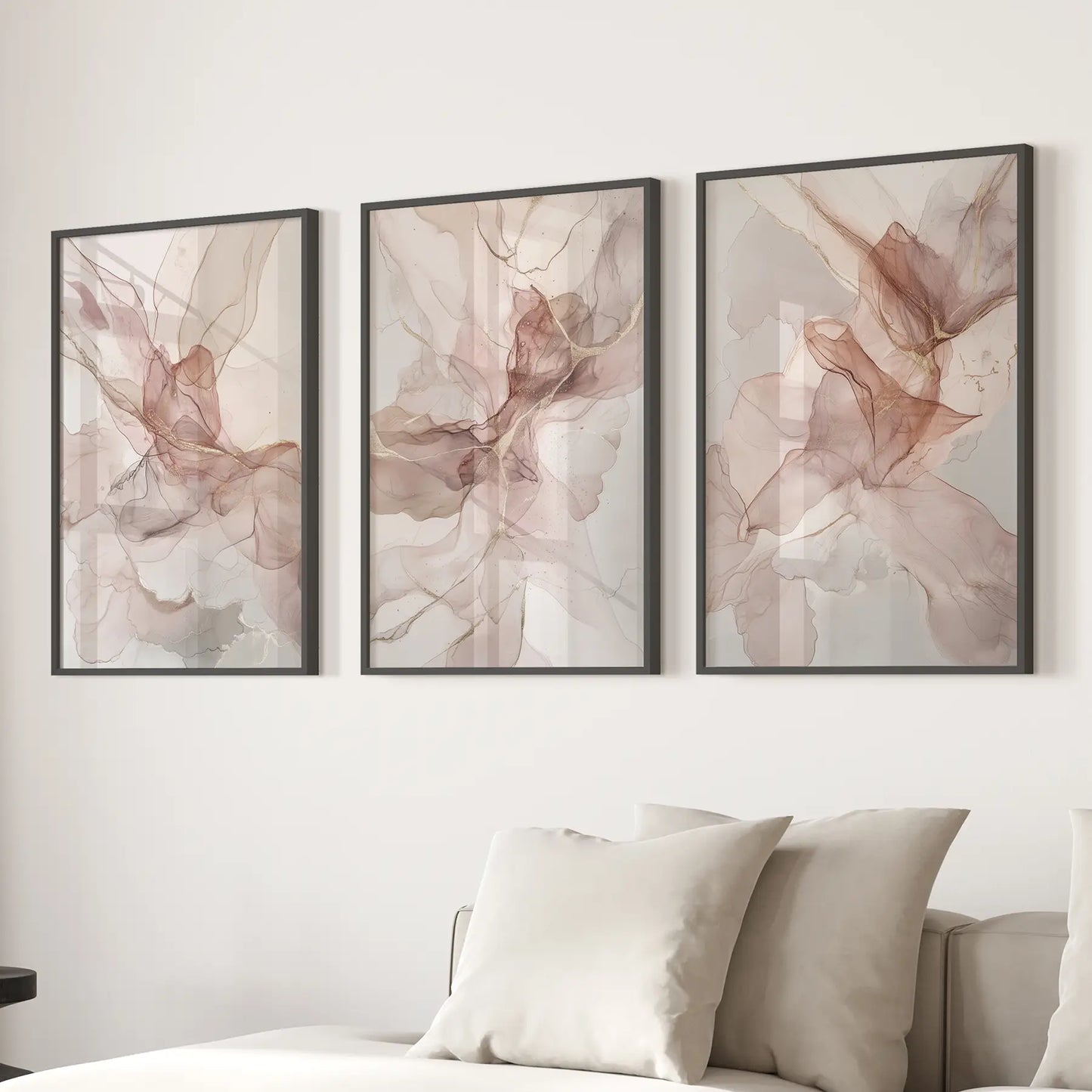 Modern Set Abstract Painting Wall Art Print Decor. Black Frames Above the Sofa.