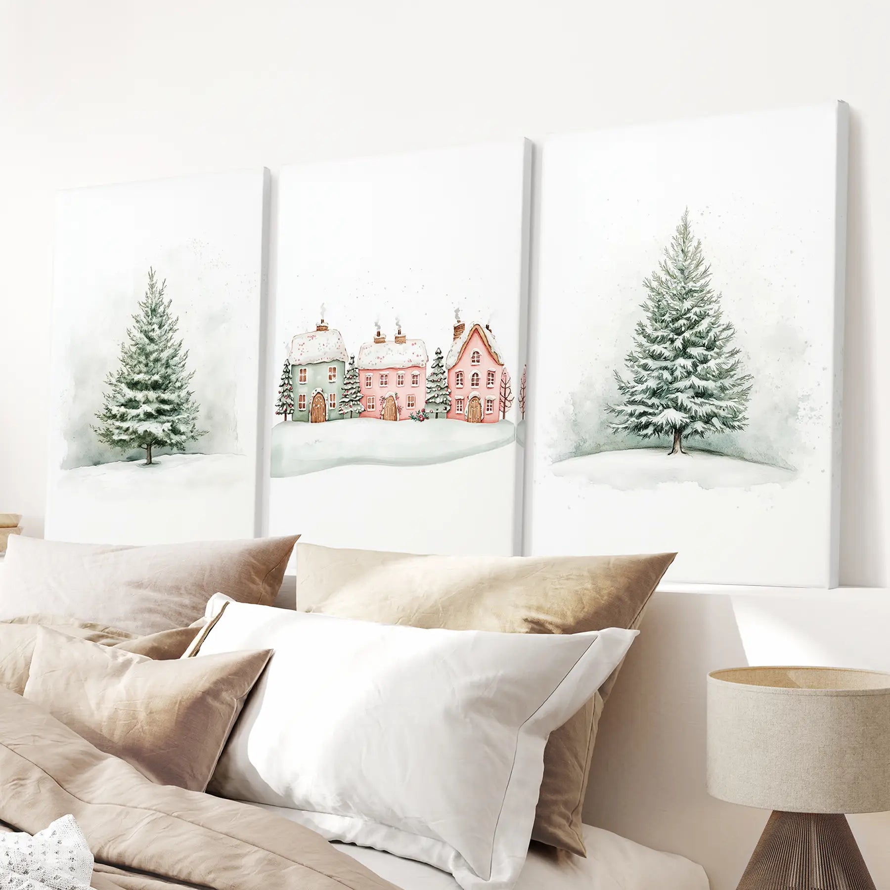 Gift for Home Watercolor Pine Print Xmas Decor. Stretched Canvas for Bedroom.