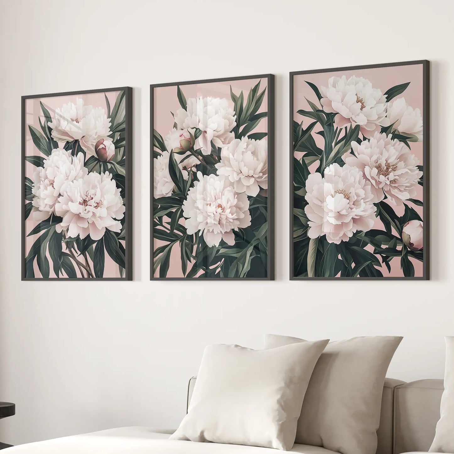 Peony Flowers Home Decor Set of 3 Piece Wall Art Poster. Black Frames Above the Sofa.