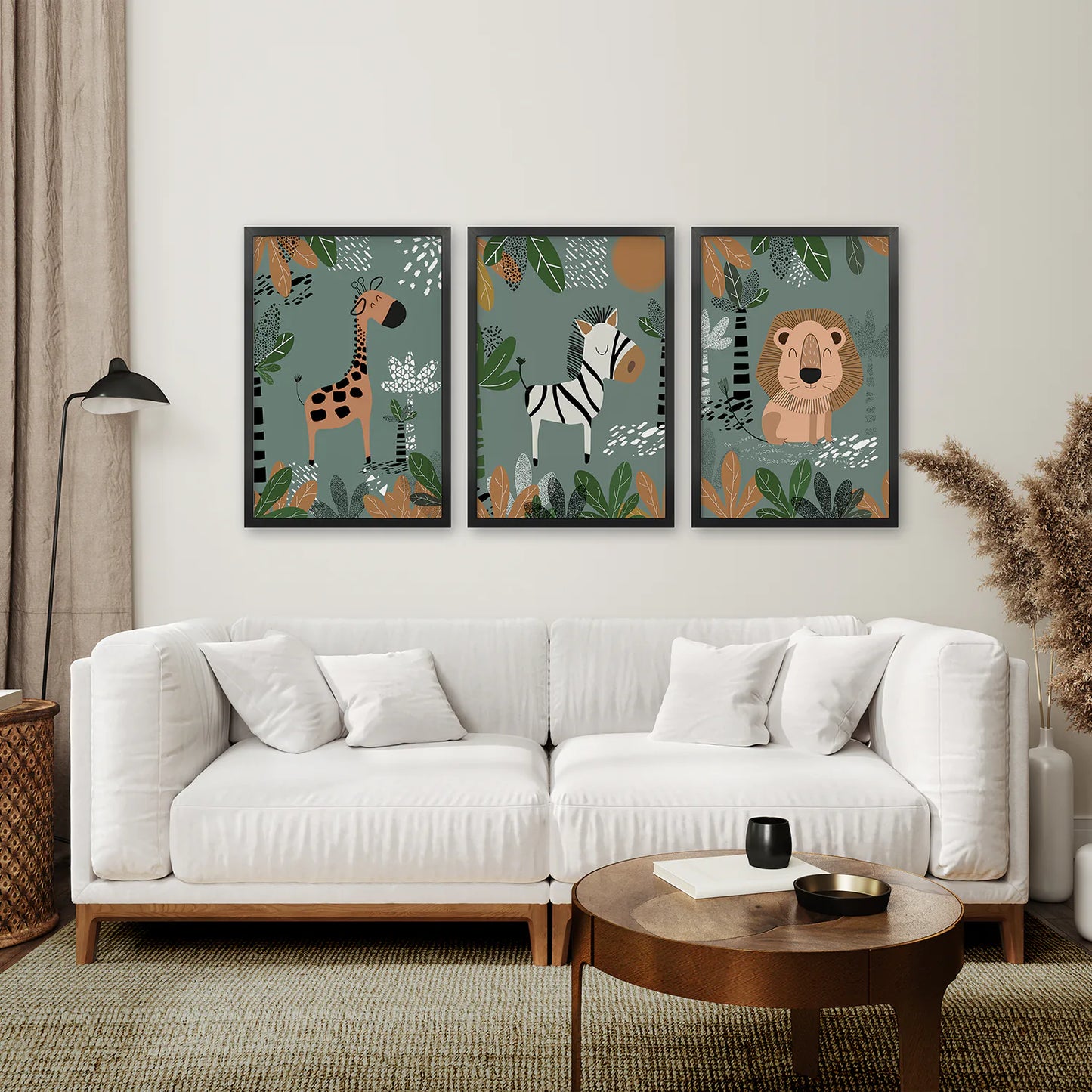 Giraffe,Zebra,Lion Baby Art. Black Frames for Living Room.