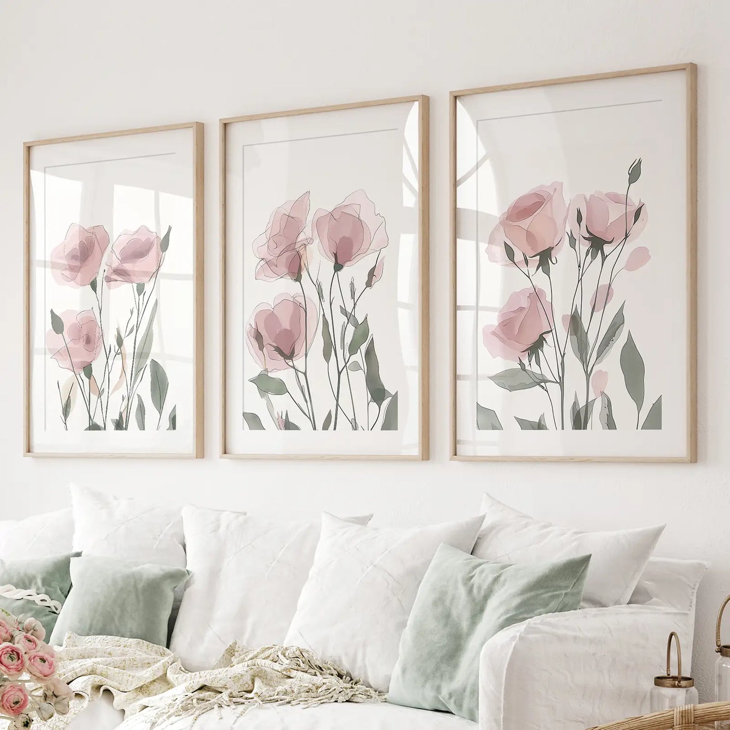 Watercolor Blush Pink Girl Prints Art Decor. Thinwood Frames with Mat for Living Room.