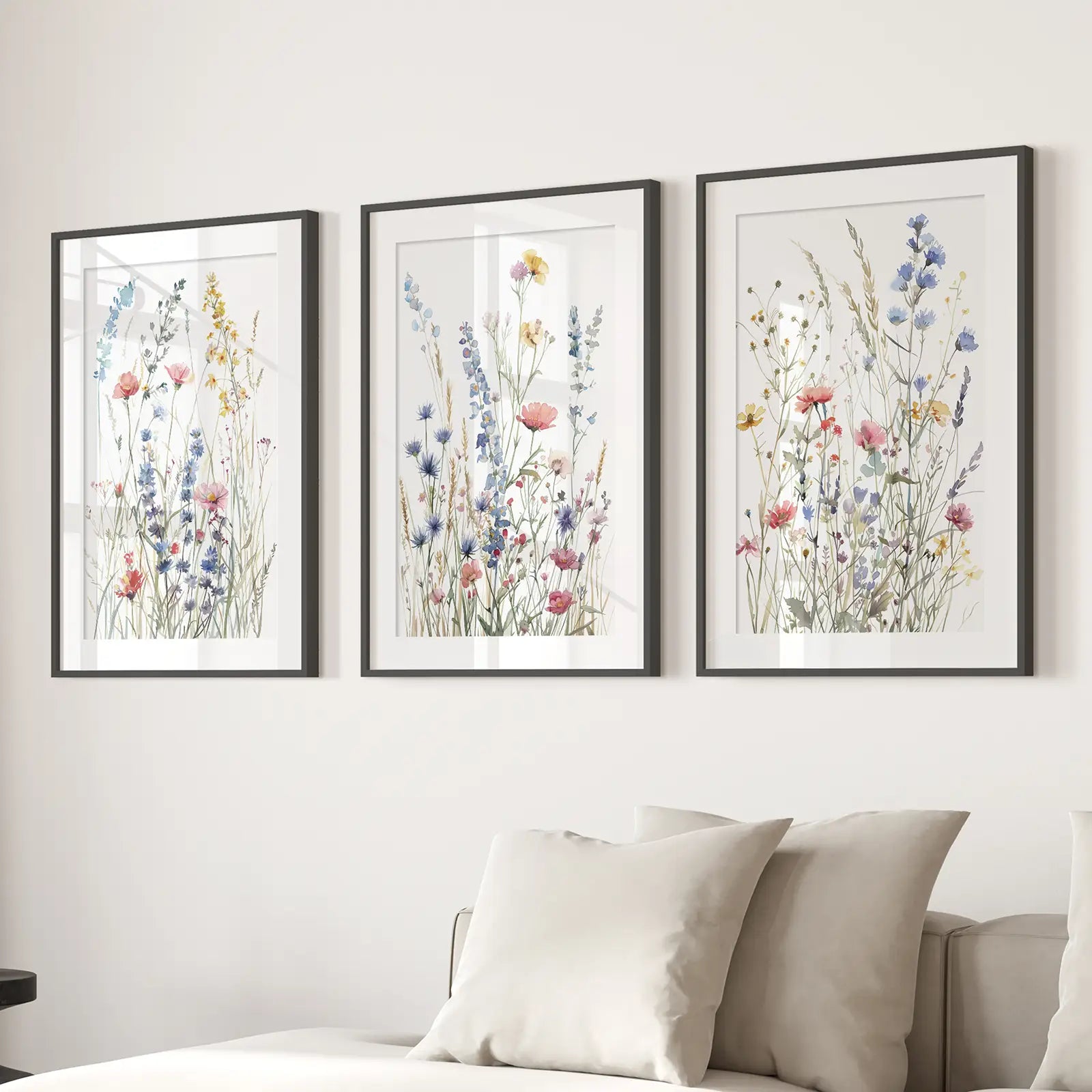 Rustic cottagecore wall decor with wildflower botanical prints. Black frames with mat for living room.