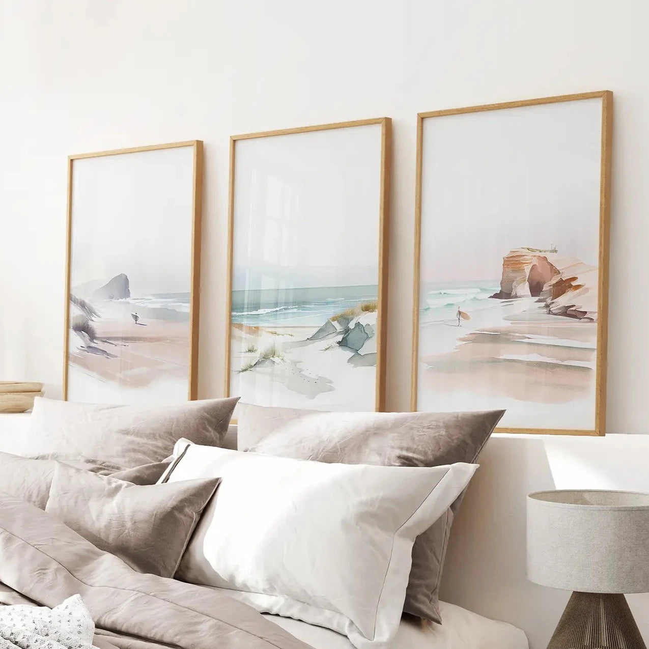 Lake House Modern Wall Art Decor Posters. Thin Wood Frames Over the Bed.