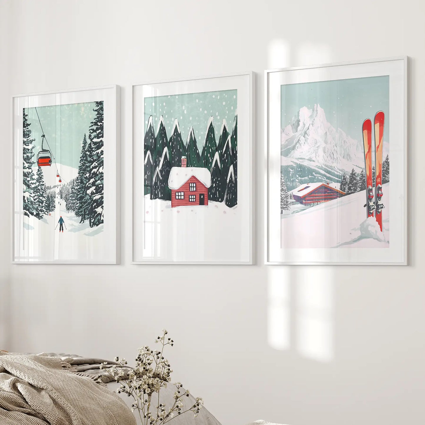 Mountain Chalet Art Snowy Wall Decor Print Set. White Frames with Mat for Bedroom.