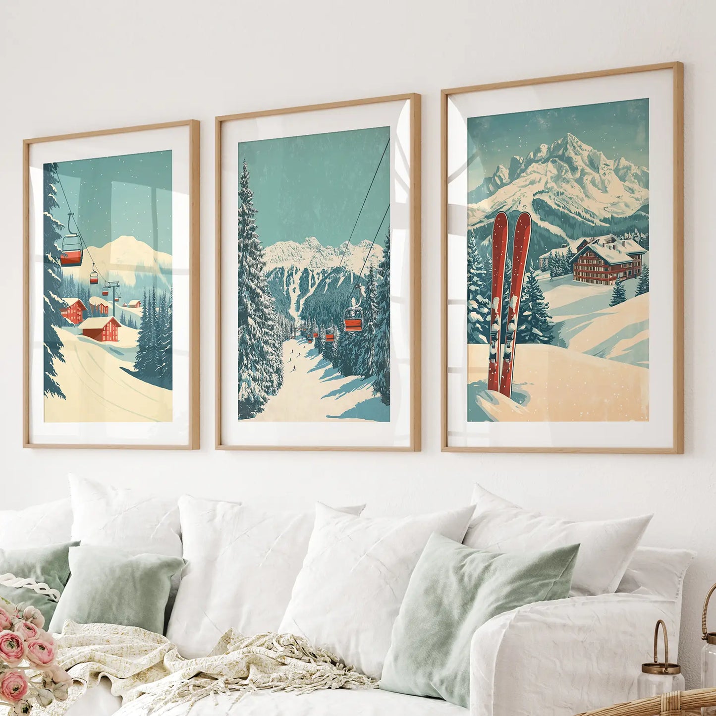 Winter Sport Large Poster Apartment Decor Set. Thinwood Frames with Mat Above the Sofa.