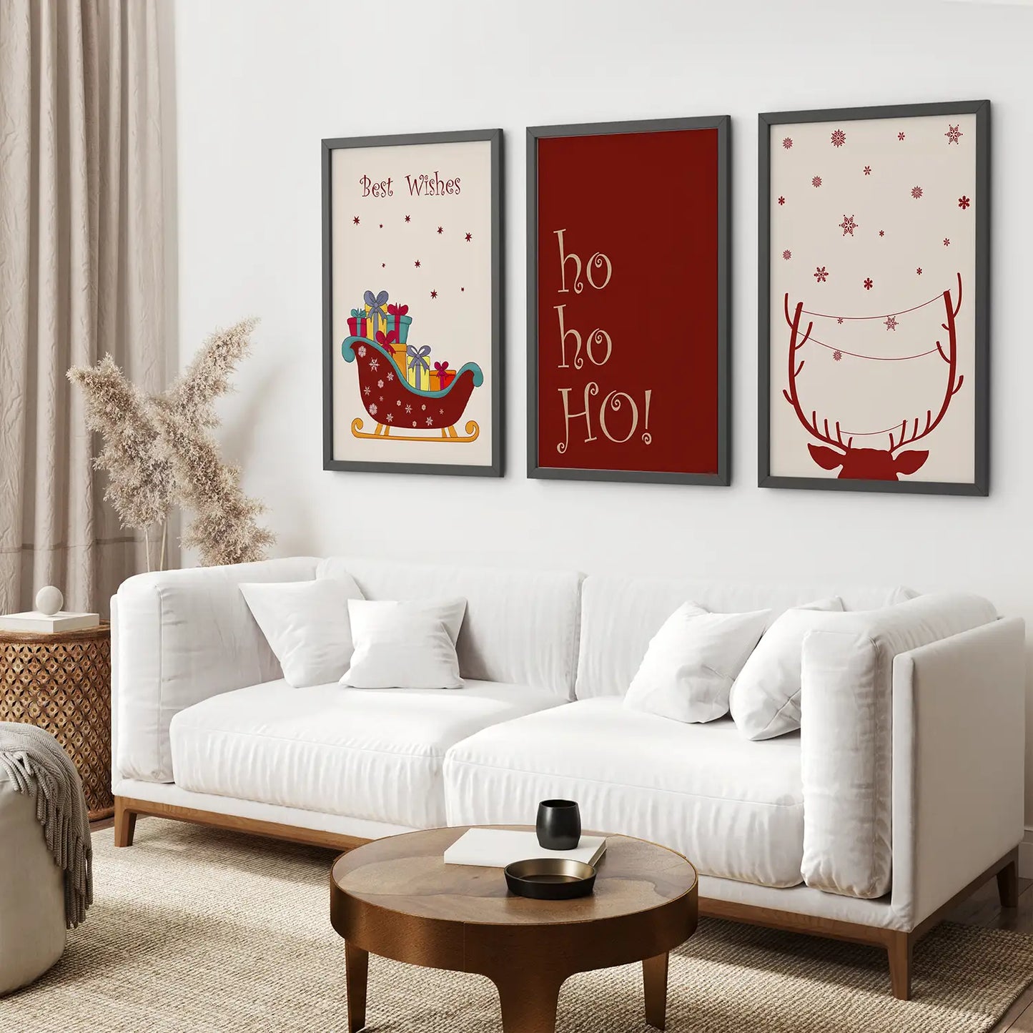 Red Print Ho Ho Ho Christmas Wall Art Set.Black Frames for Living Room.