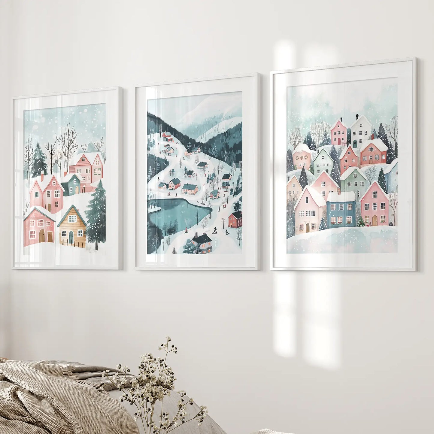 Snowy Village Holiday Art Trendy Christmas Decor. White Frames with Mat for Bedroom.
