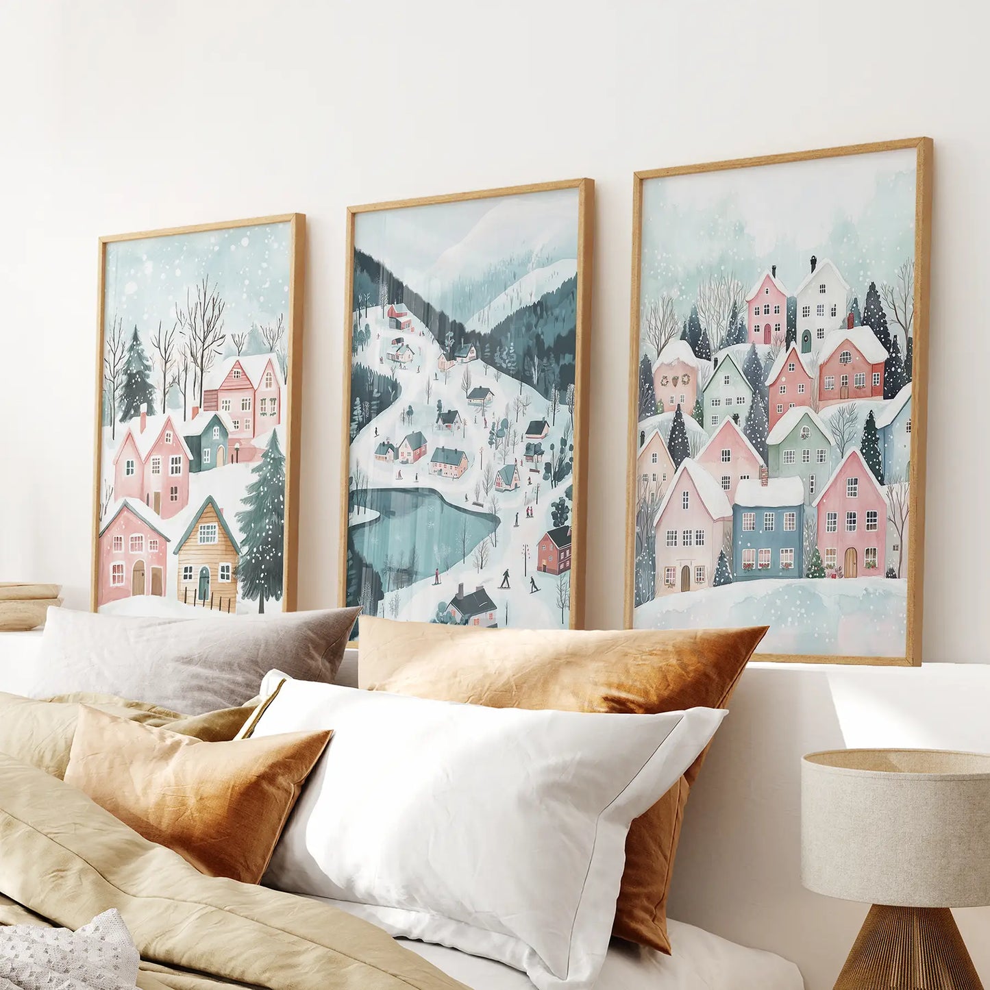 Cozy Christmas Decor Modern Wall Art Poster Set. Thinwood Frames Above the Bed.