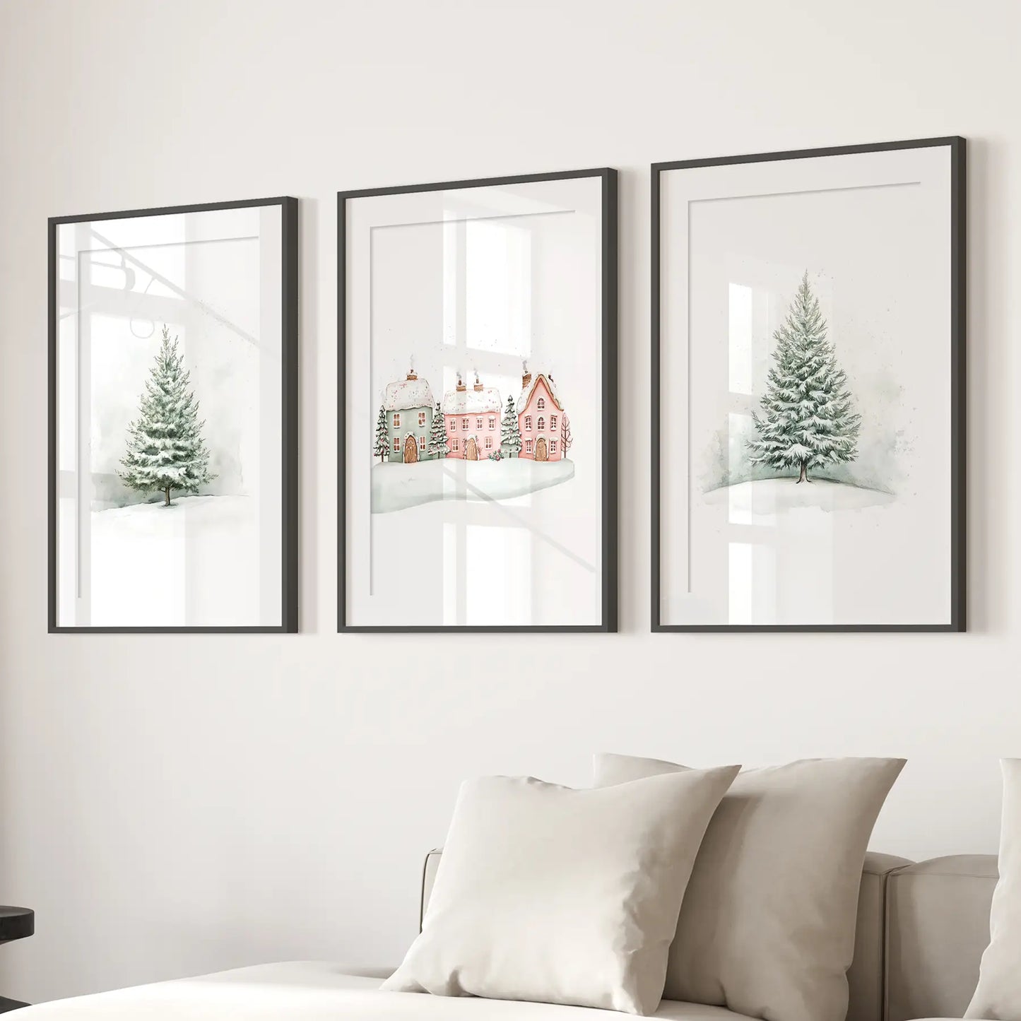Holiday Poster Nursery Farmhouse Christmas Art. Black Frames with Mat for Living Room.