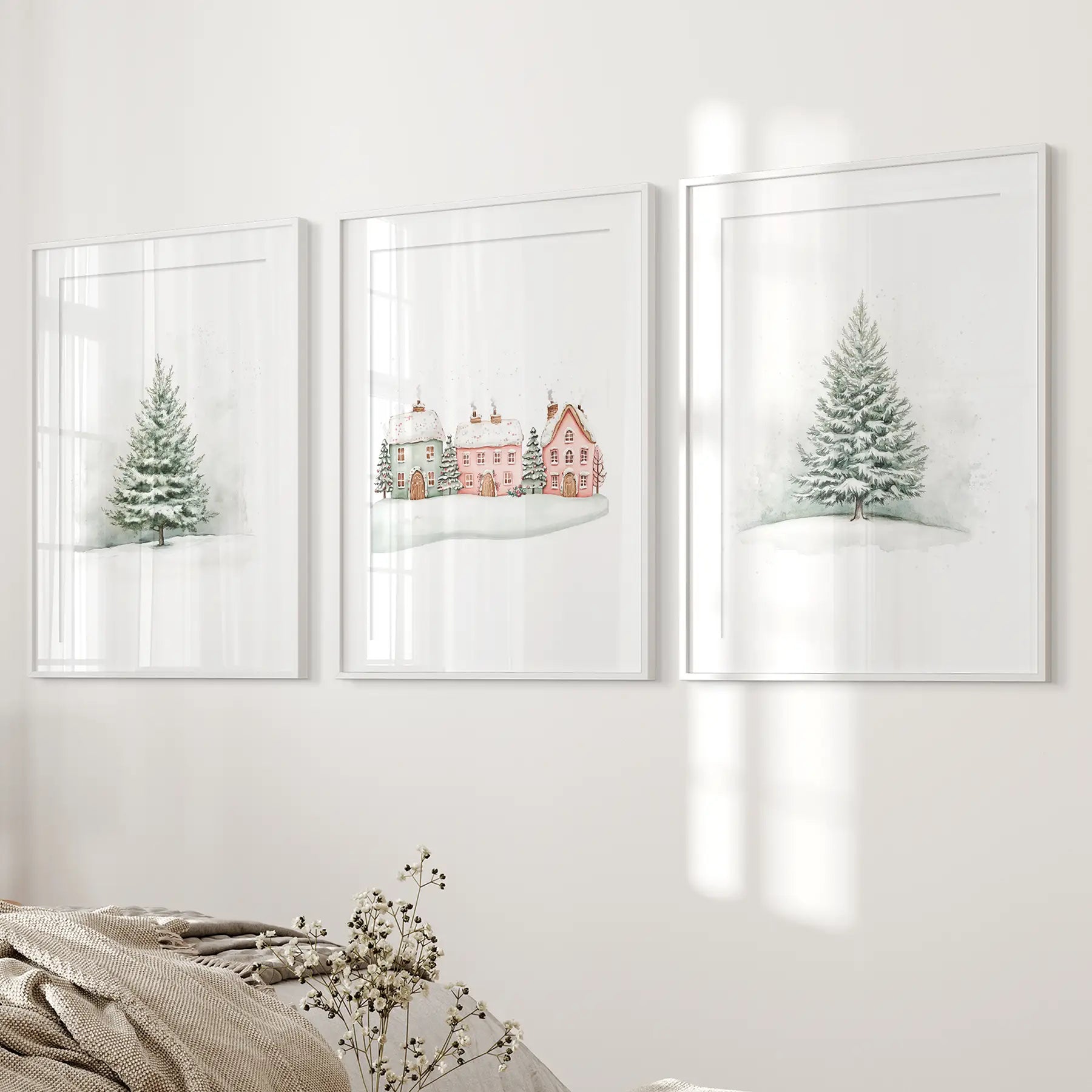 Christmas Decoration Trendy Wall Art Winter Prints. White Frames with Mat for Bedroom.