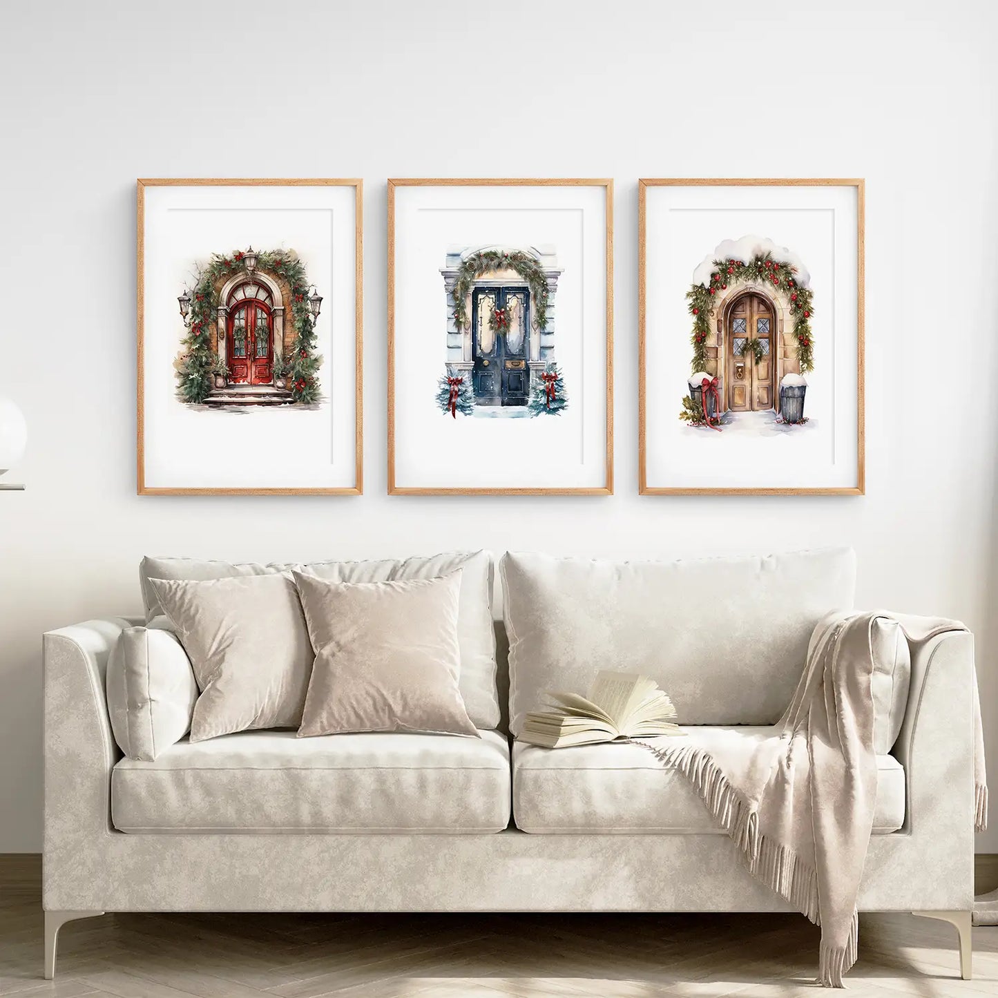 Christmas Gift Wall Art Decor Prints Set. Thin Wood Frames with Mat Over the Coach.