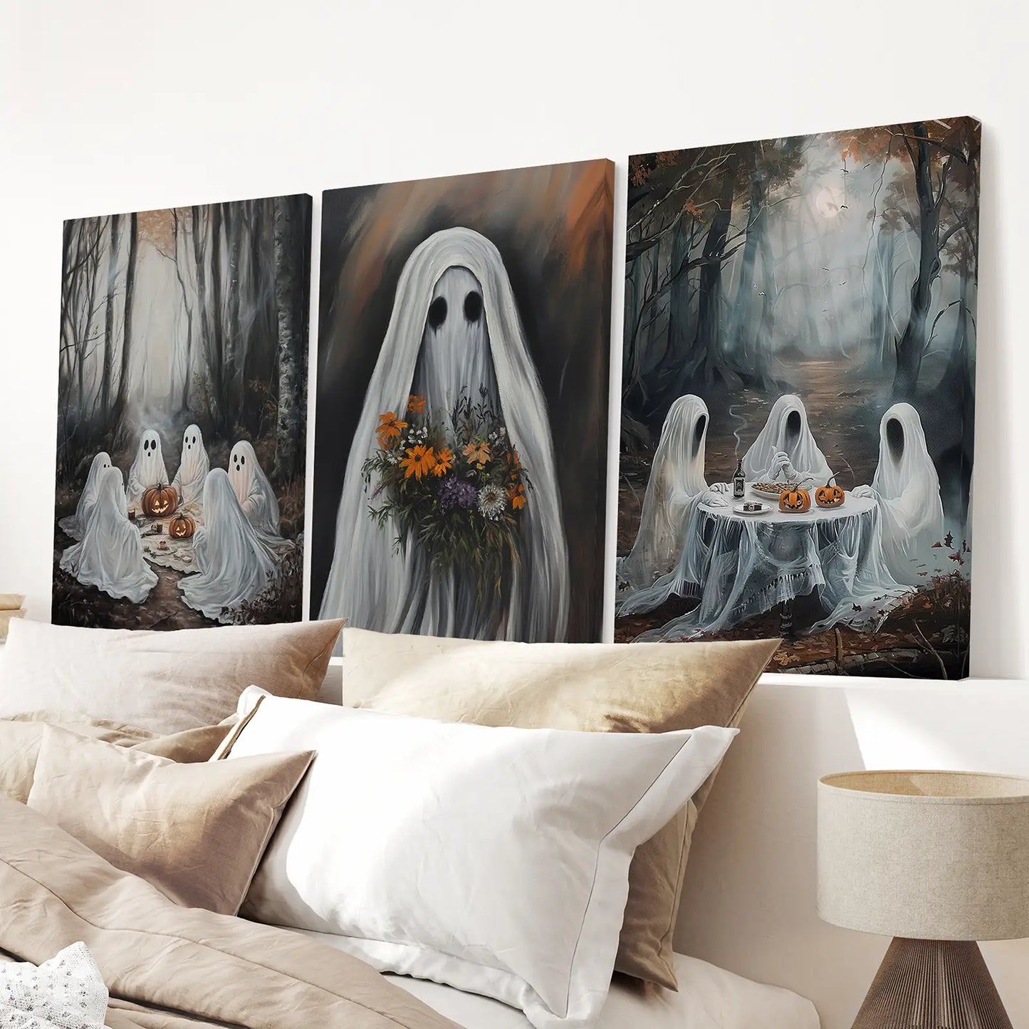 Halloween Home Decor Dark Academia Print Art Set. Stretched Canvas Above the Bed