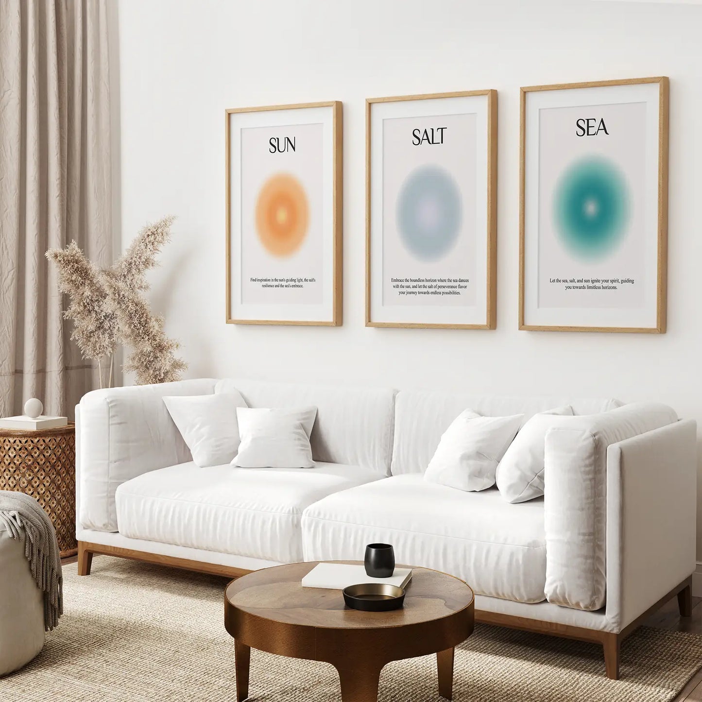 Scandinavian style Sun Salt Sea wall posters in calming tones. Thinwood frames with mat above the sofa.