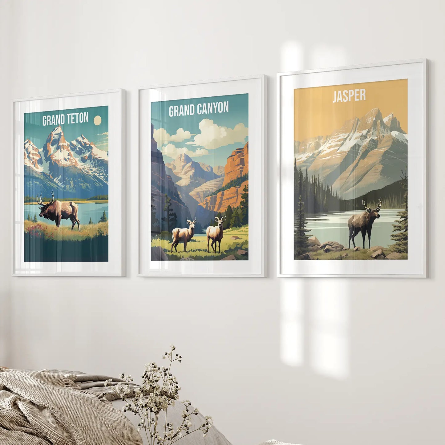 National parks travel wall art. Perfect gift for him and her. White frames with mat for bedroom.