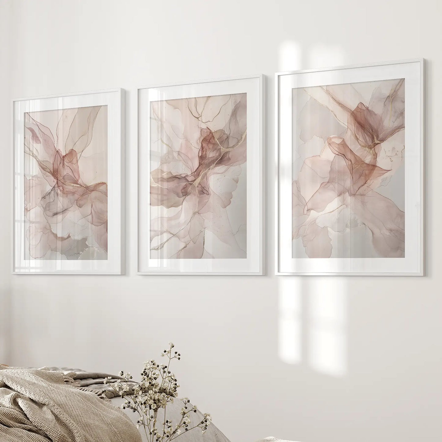 Minimalist Wall Decor Abstract Trendy Art Poster Set. White Frames Above the Bed.
