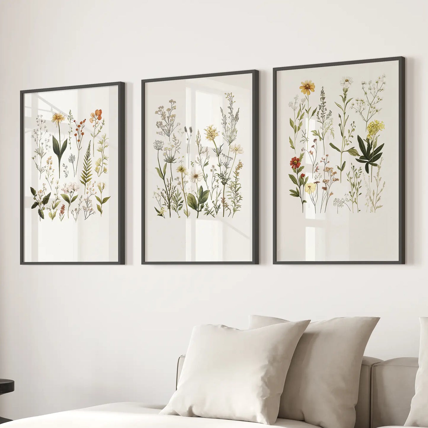 Gallery Wall Art Floral Paintings Nursery Prints Decor. Black Frames Over the Couch.