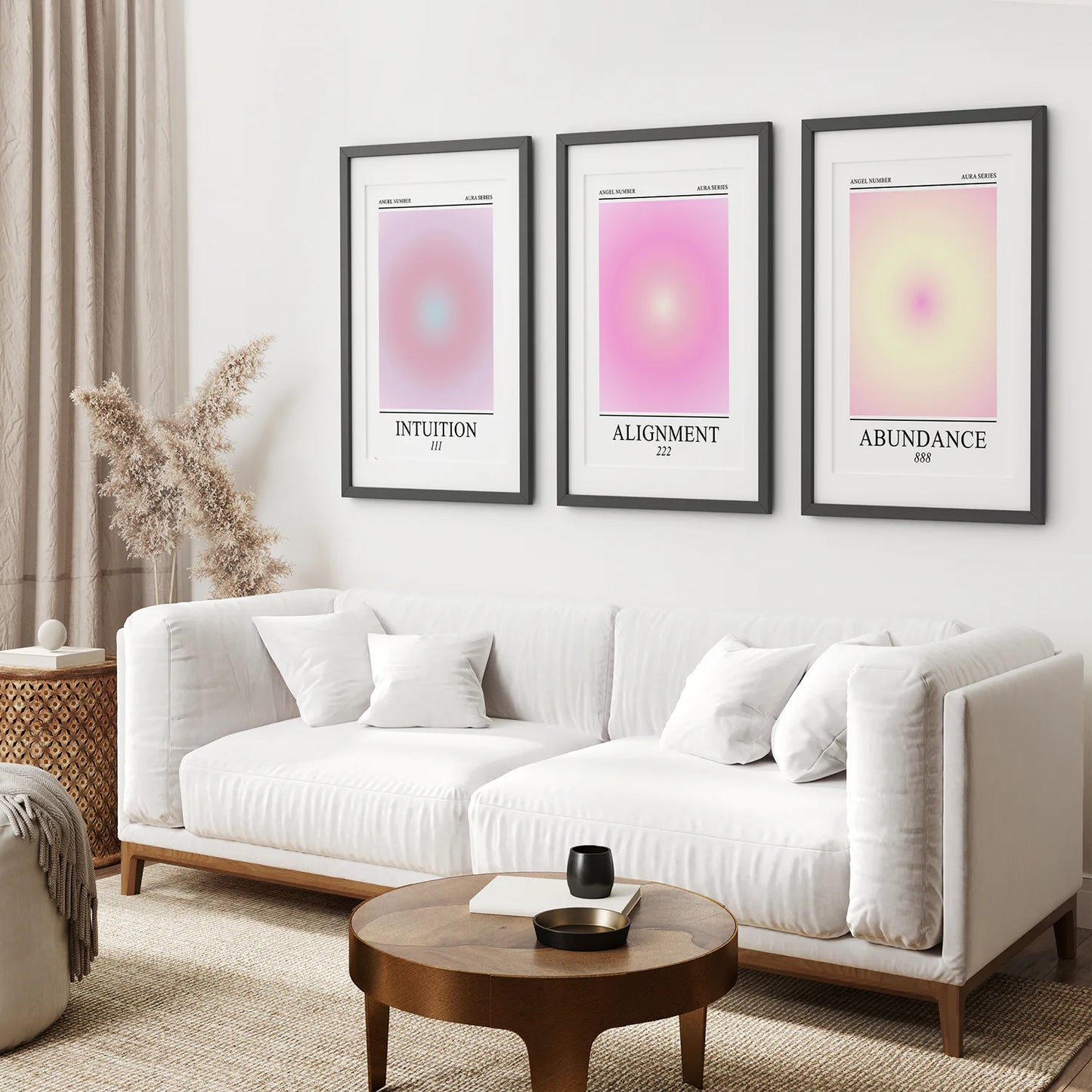 Modern Affirmation Aura Room Decor. Black Frames with Mat Above the Sofa.
