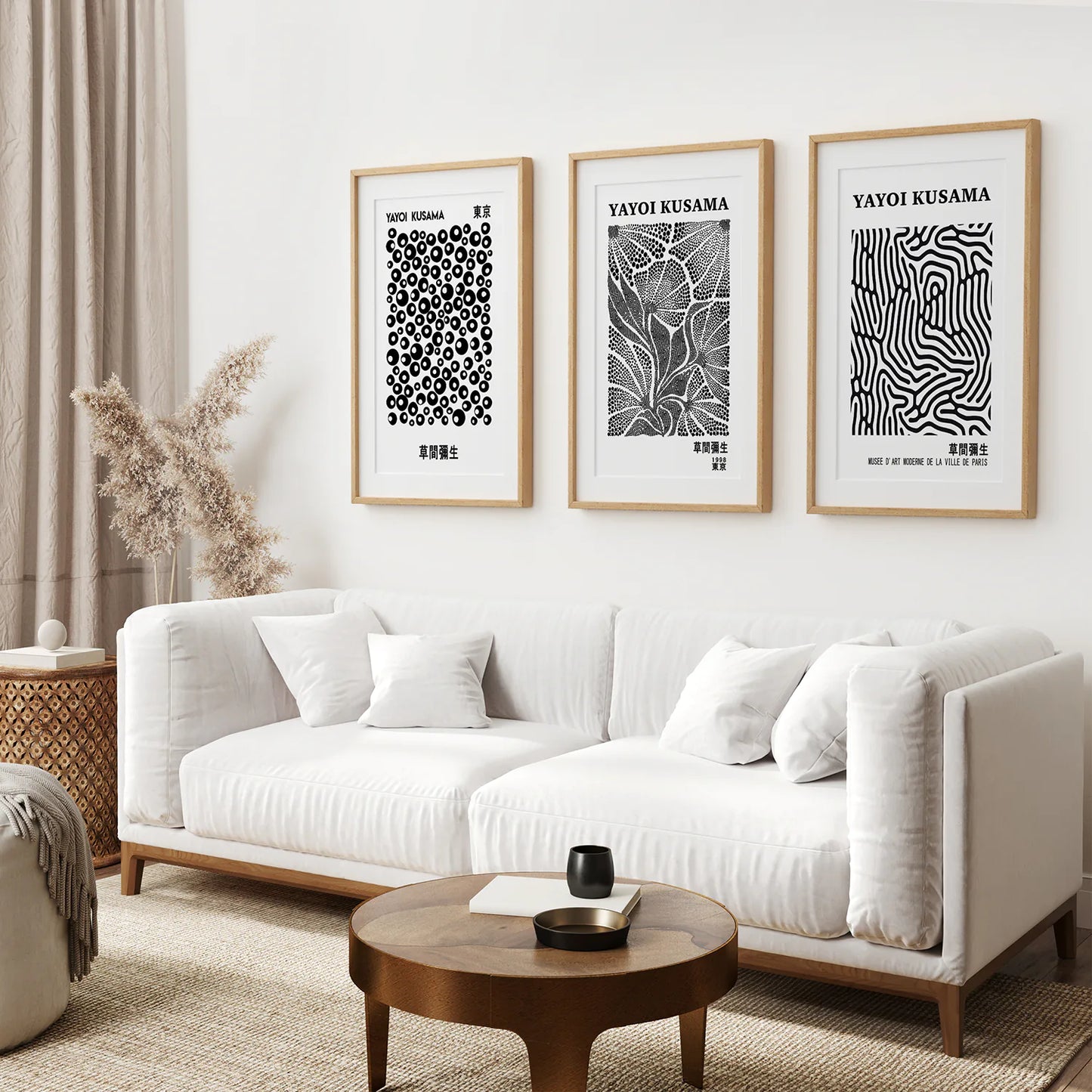 Japanese Trendy Abstract Wall Art Set. Thin Wood Frames with Mat Over the Coach.