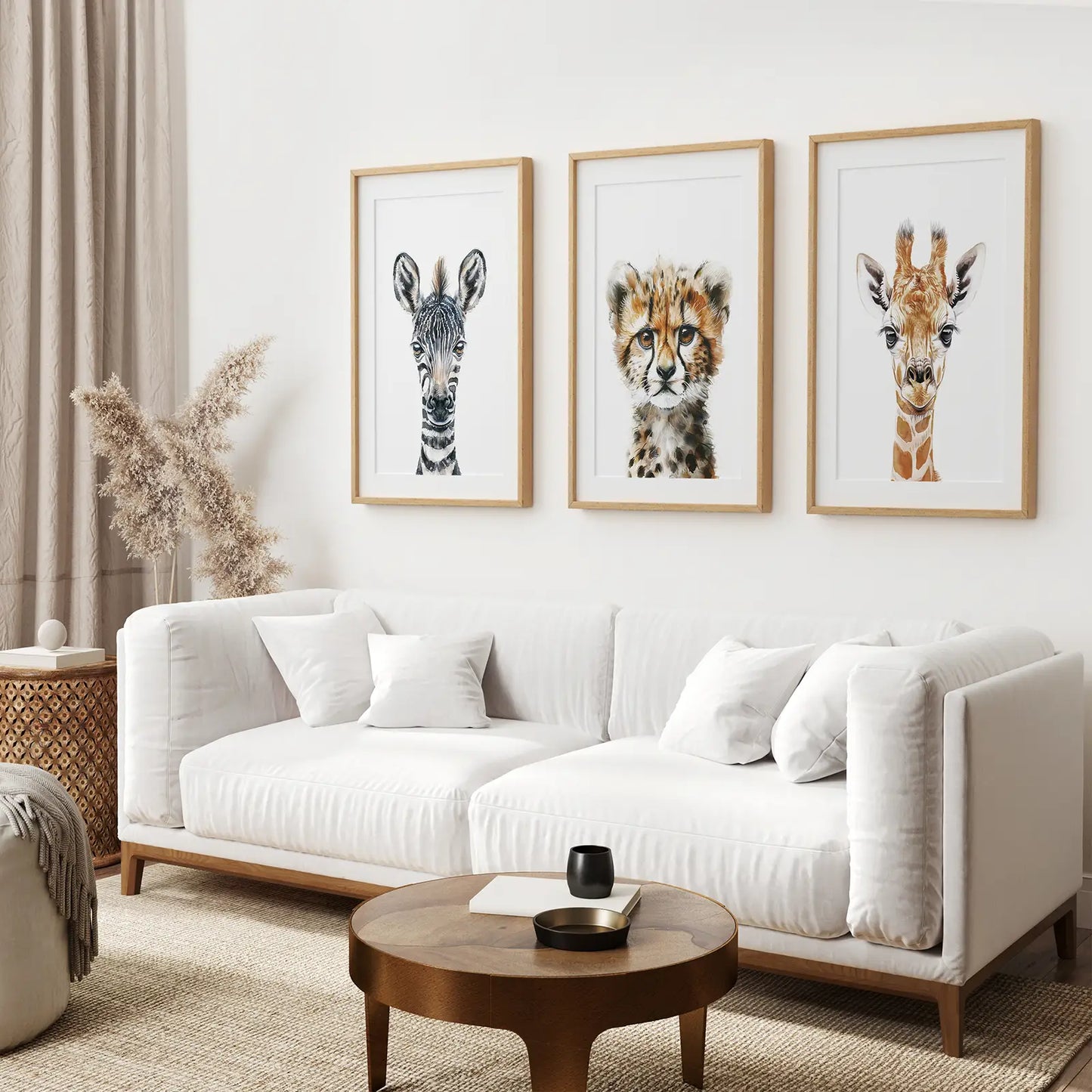 Baby Giraffe Trendy Art Set Poster. Thinwood Frames with Mat Over the Couch.