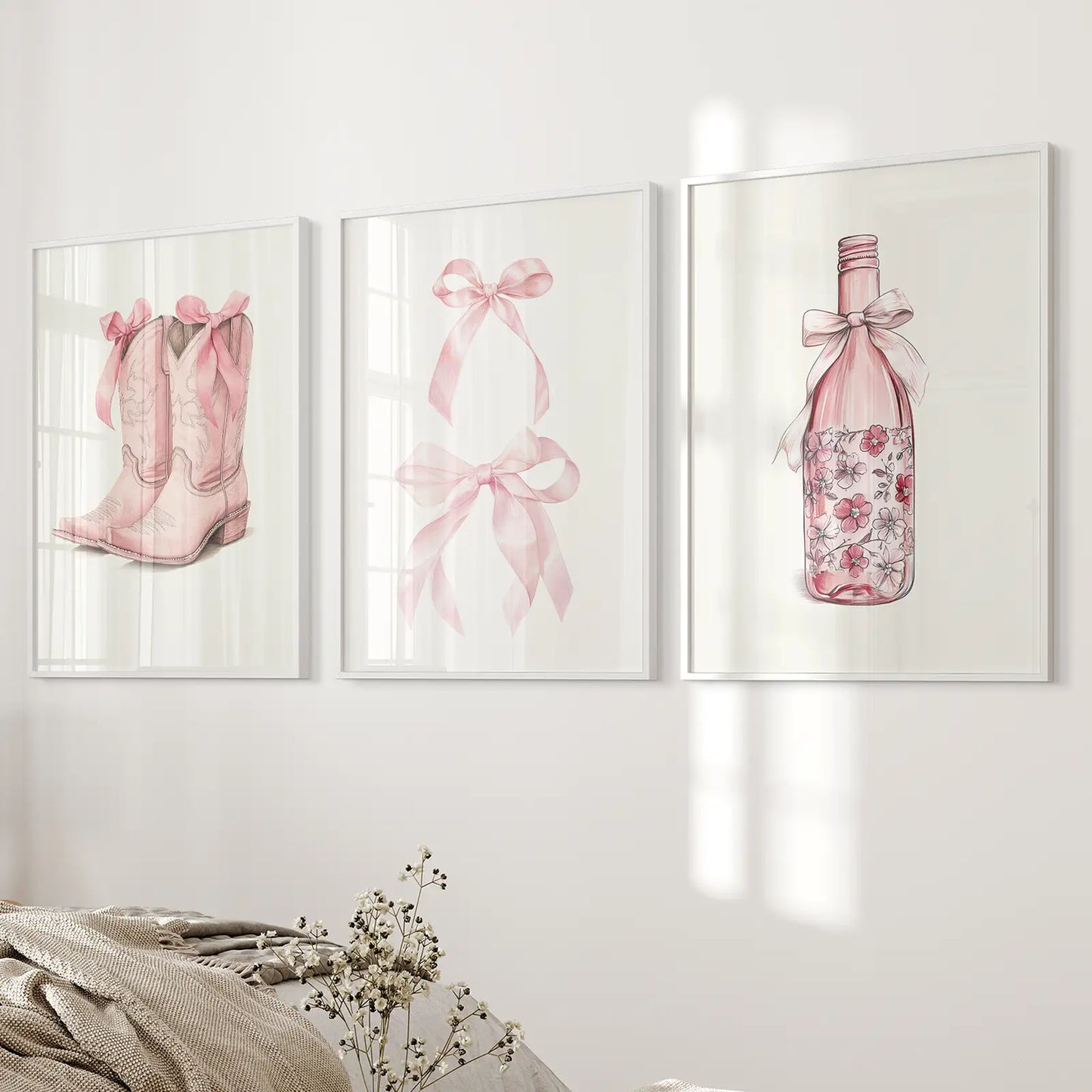 Floral Champagne Print Coquette Room Decor. White Frames for Bedroom.