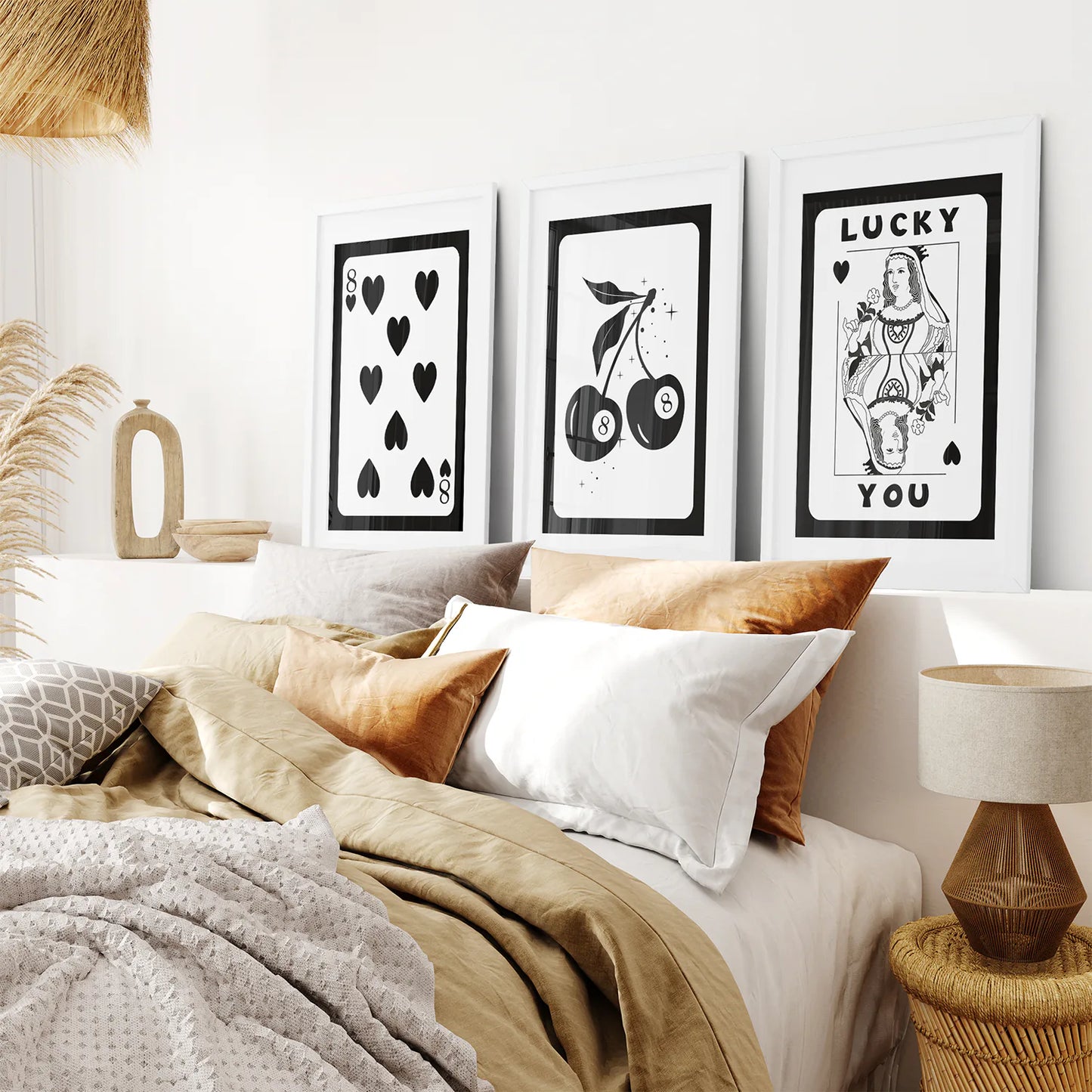 Vintage 8 Balls Cherry Art Prints. Boyfriend Gift Idea. White Frames with Mat Over the Bed.
