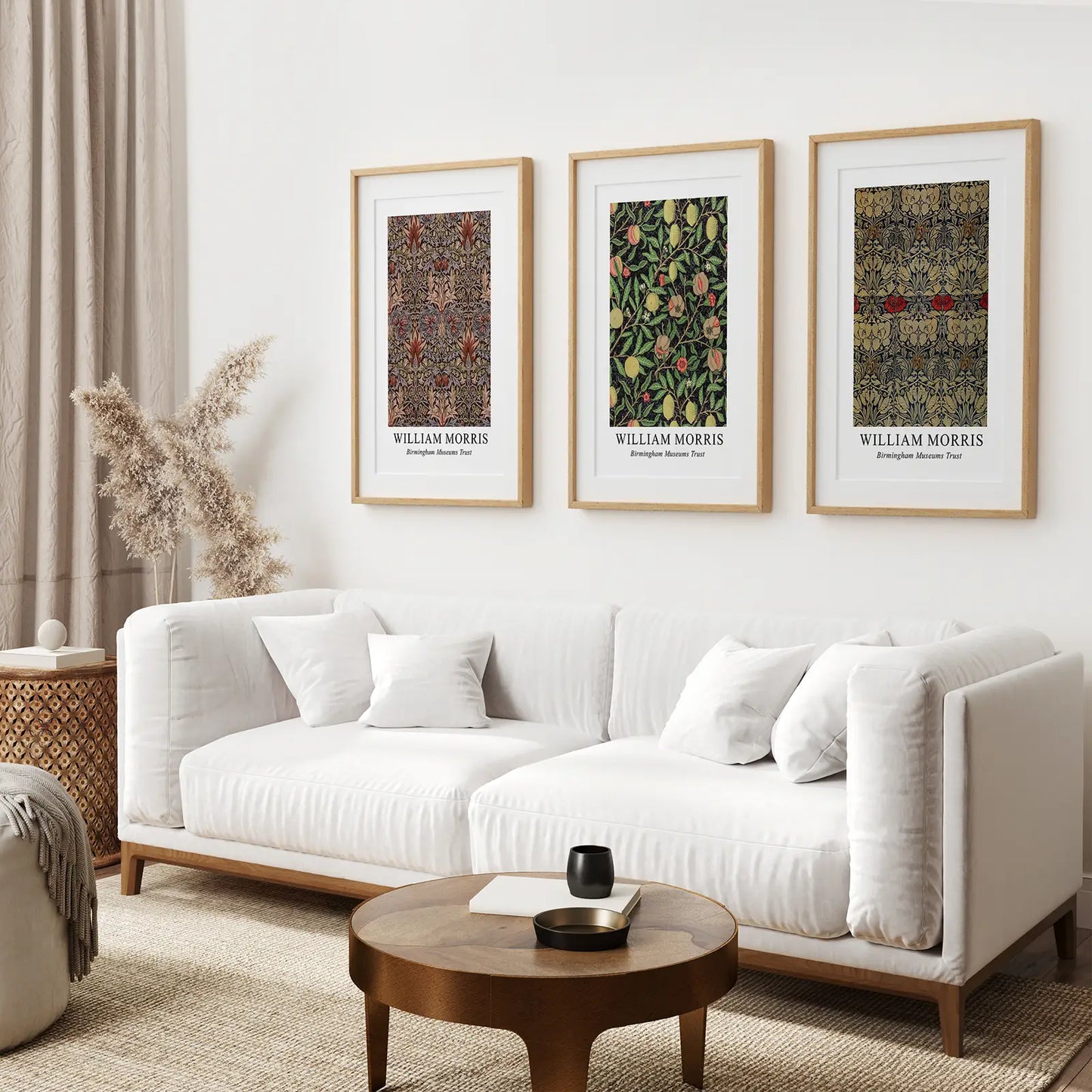 Morris Botanical Art Room Decor Poster Set. Thinwood Frames with Mat Over the Coach.
