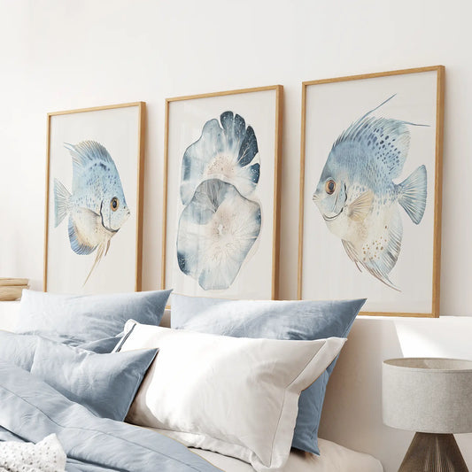 Fish illustration watercolor nursery decor. Modern wall art. Thinwood frames above the bed.