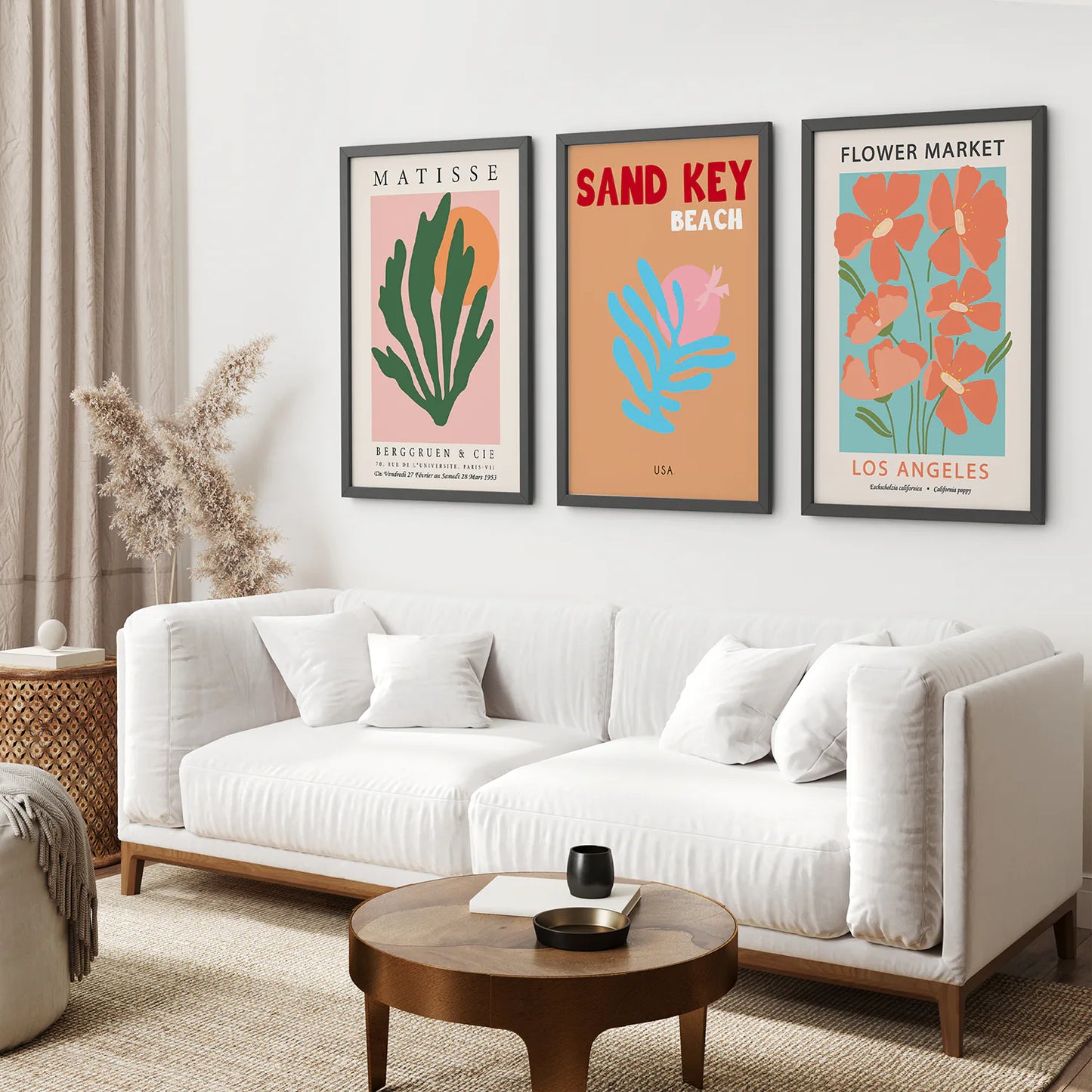 Flower Market Los Angeles Y2K Poster Art. Black Frames Above the Sofa.