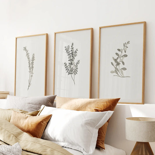 Rustic Botanical Wall Art. Vintage Posters Home Decor. Thinwood Frames Above Bed.