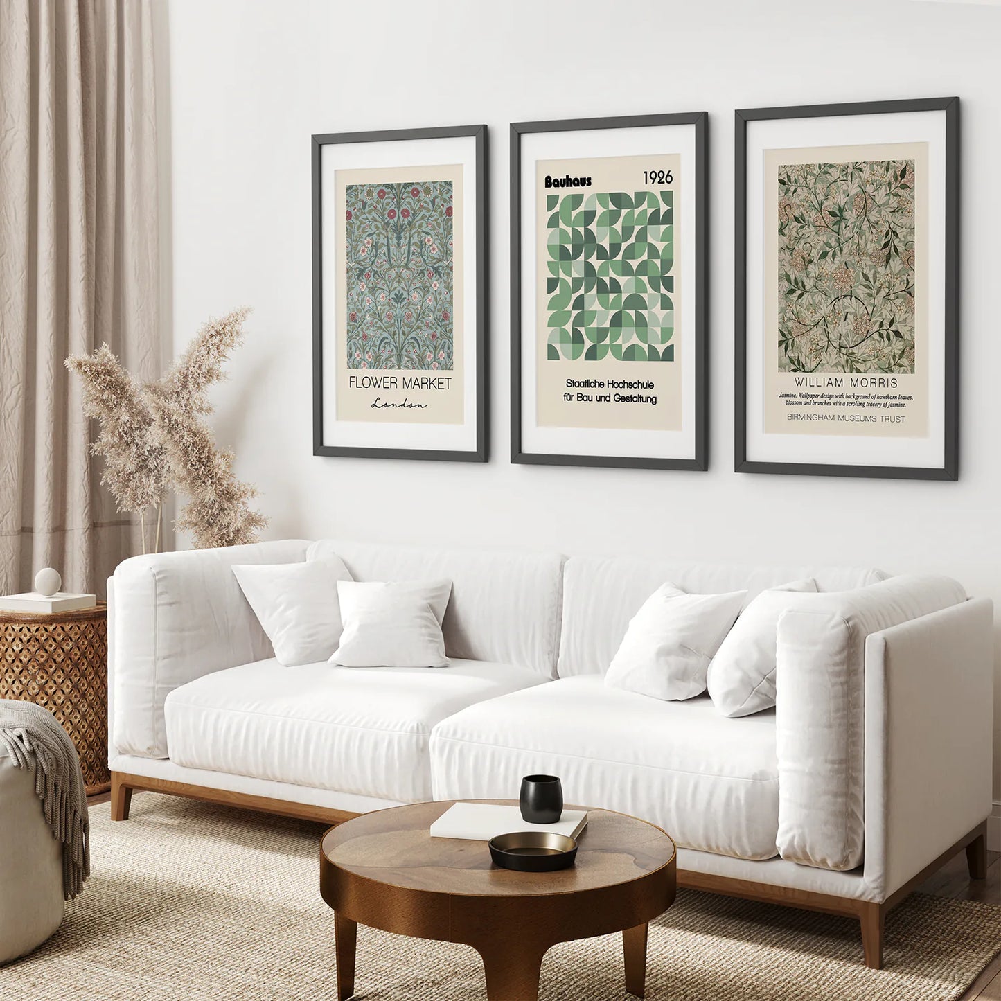 Minimalist Retro Wall Art Large Prints Set. Black Frames with Mat Over the Coach.