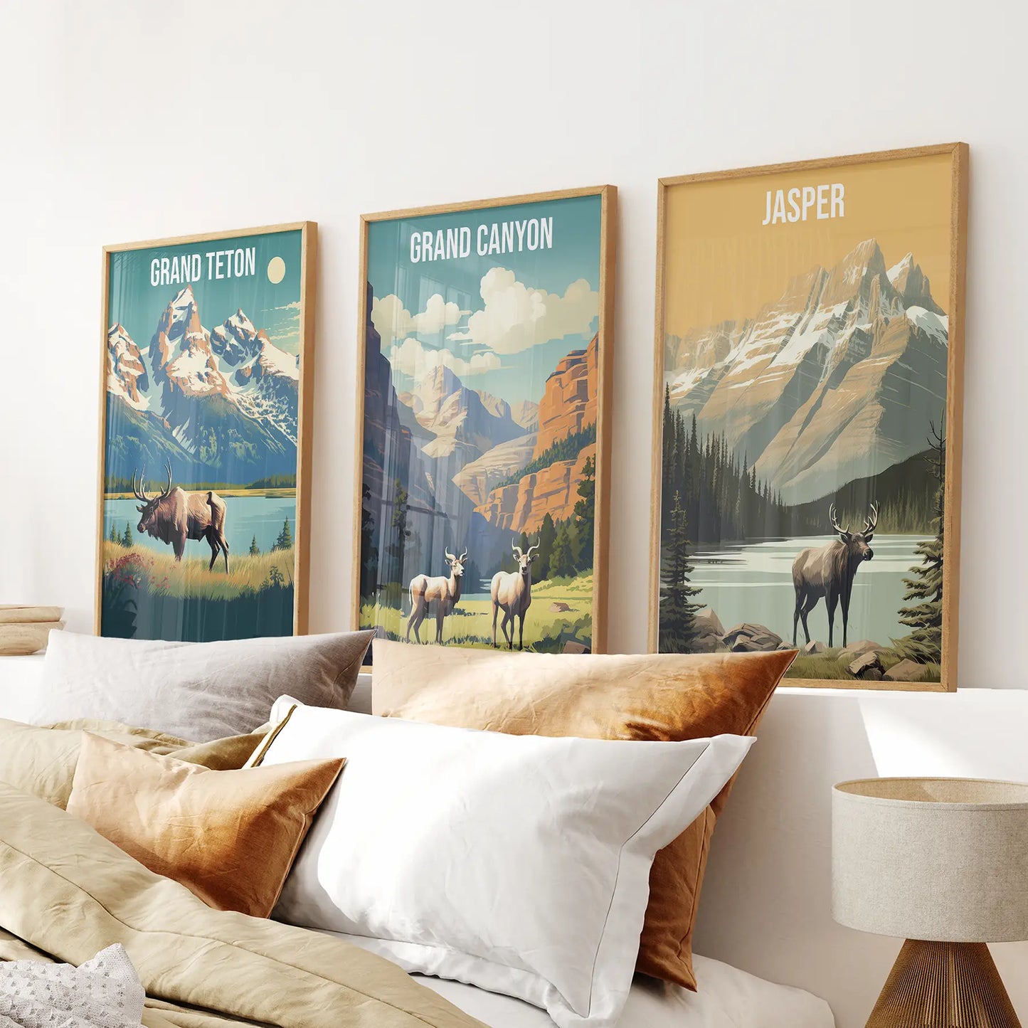 Three posters of national park. Trendy wall art decor. Thinwood frames above the bed.